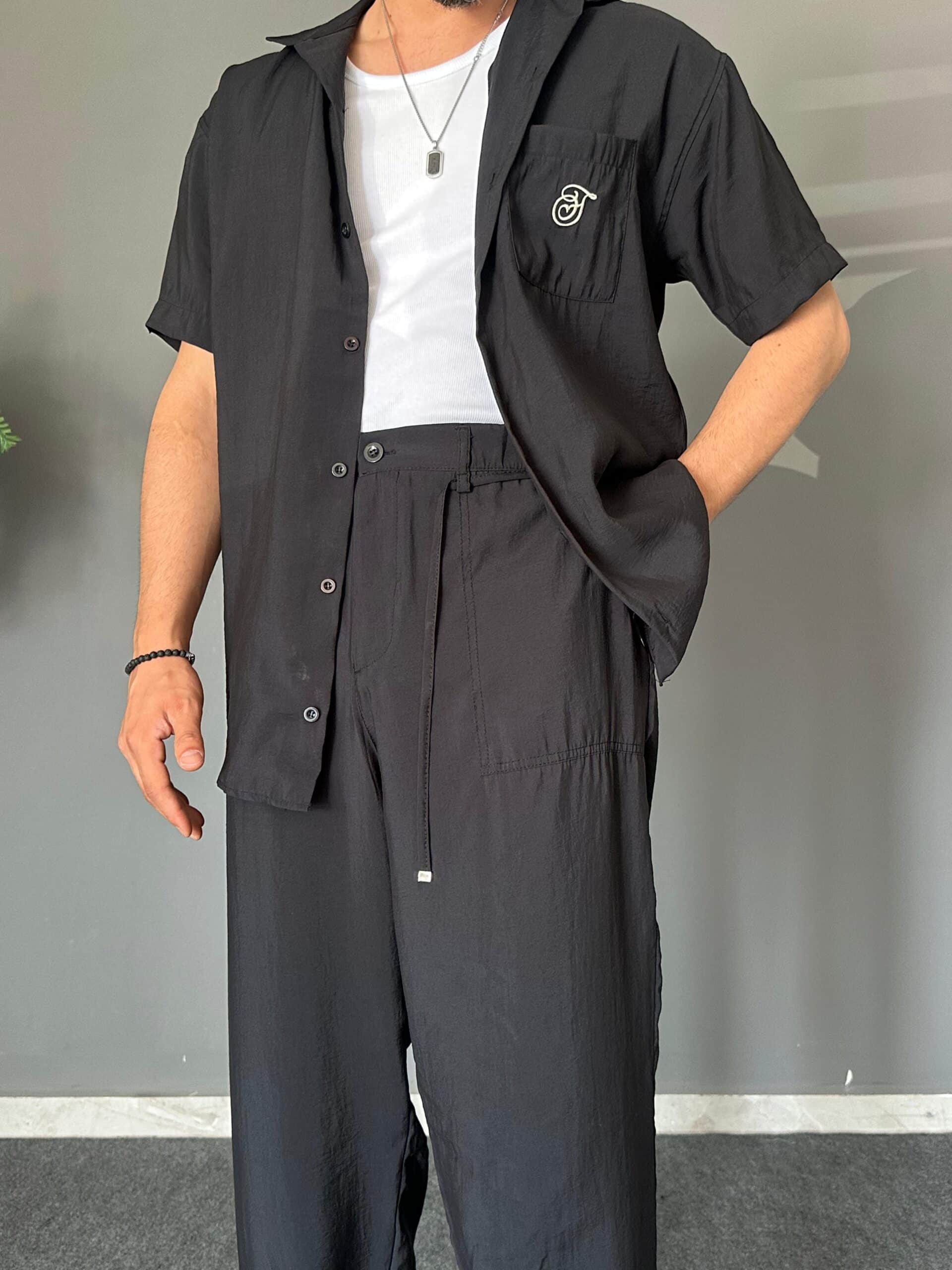 Apaş Yakalı Nakışlı Baggy Siyah Takım