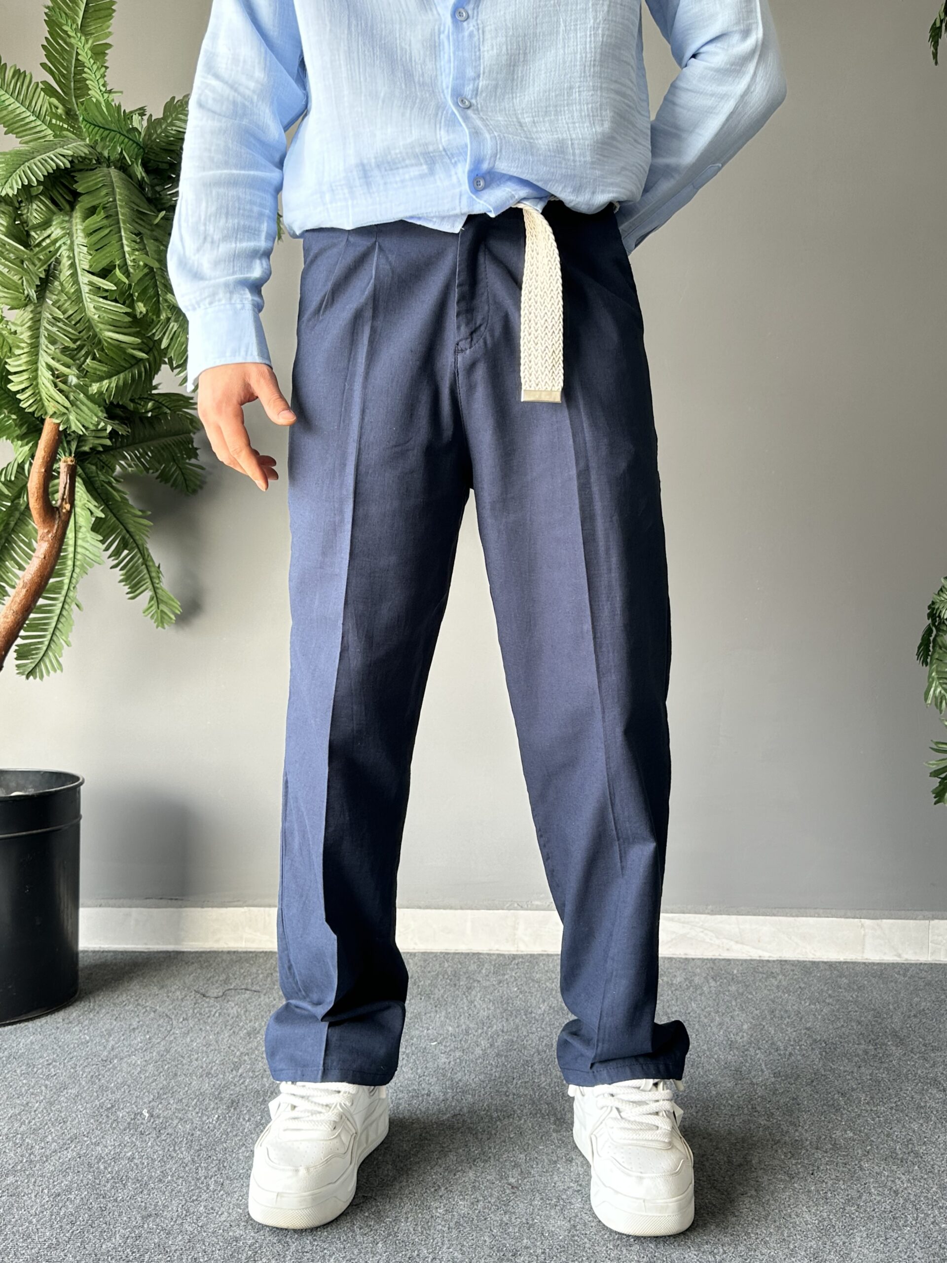 Baggy Ham Keten Lacivert Bol Kemerli Pantolon