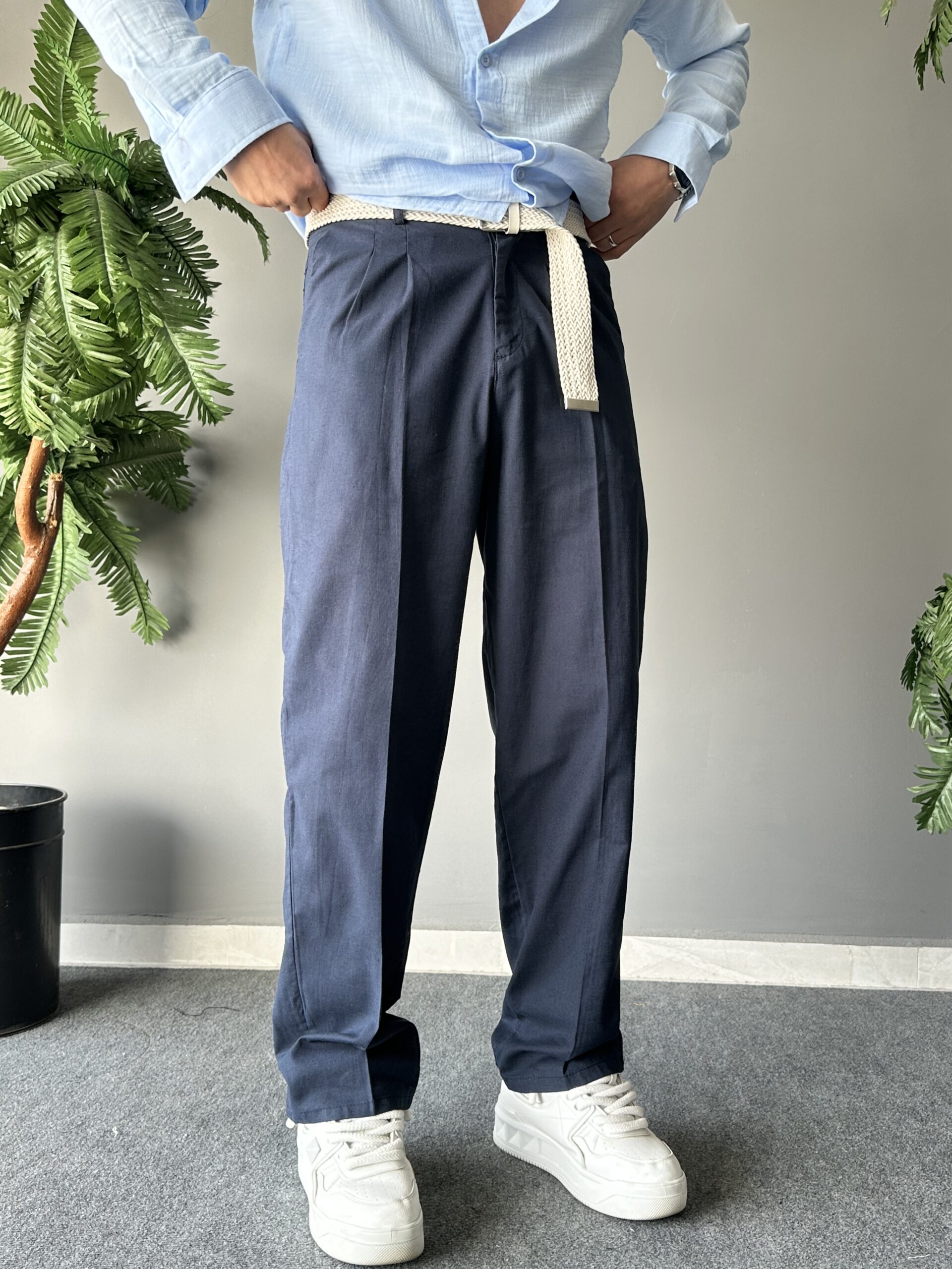 Baggy Ham Keten Lacivert Bol Kemerli Pantolon