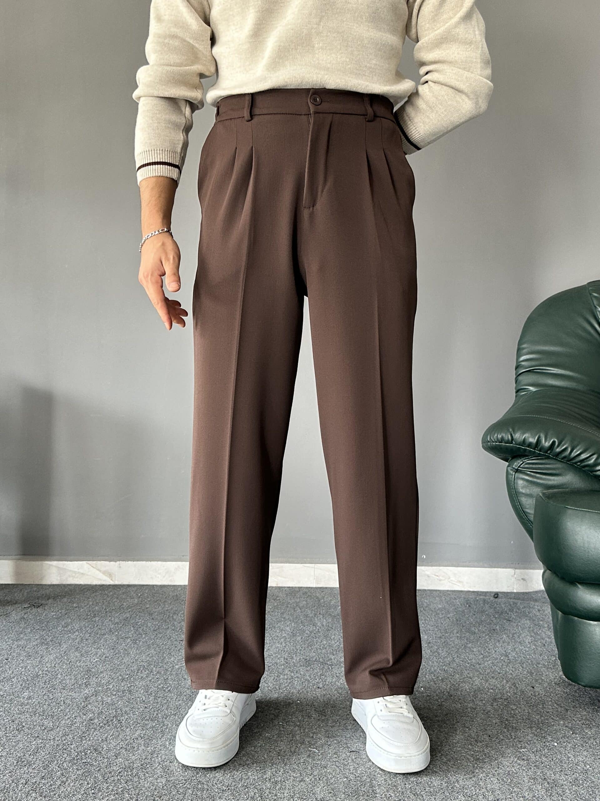 Baggy Kalıp Pileli Kahve PREMIUM Pantolon