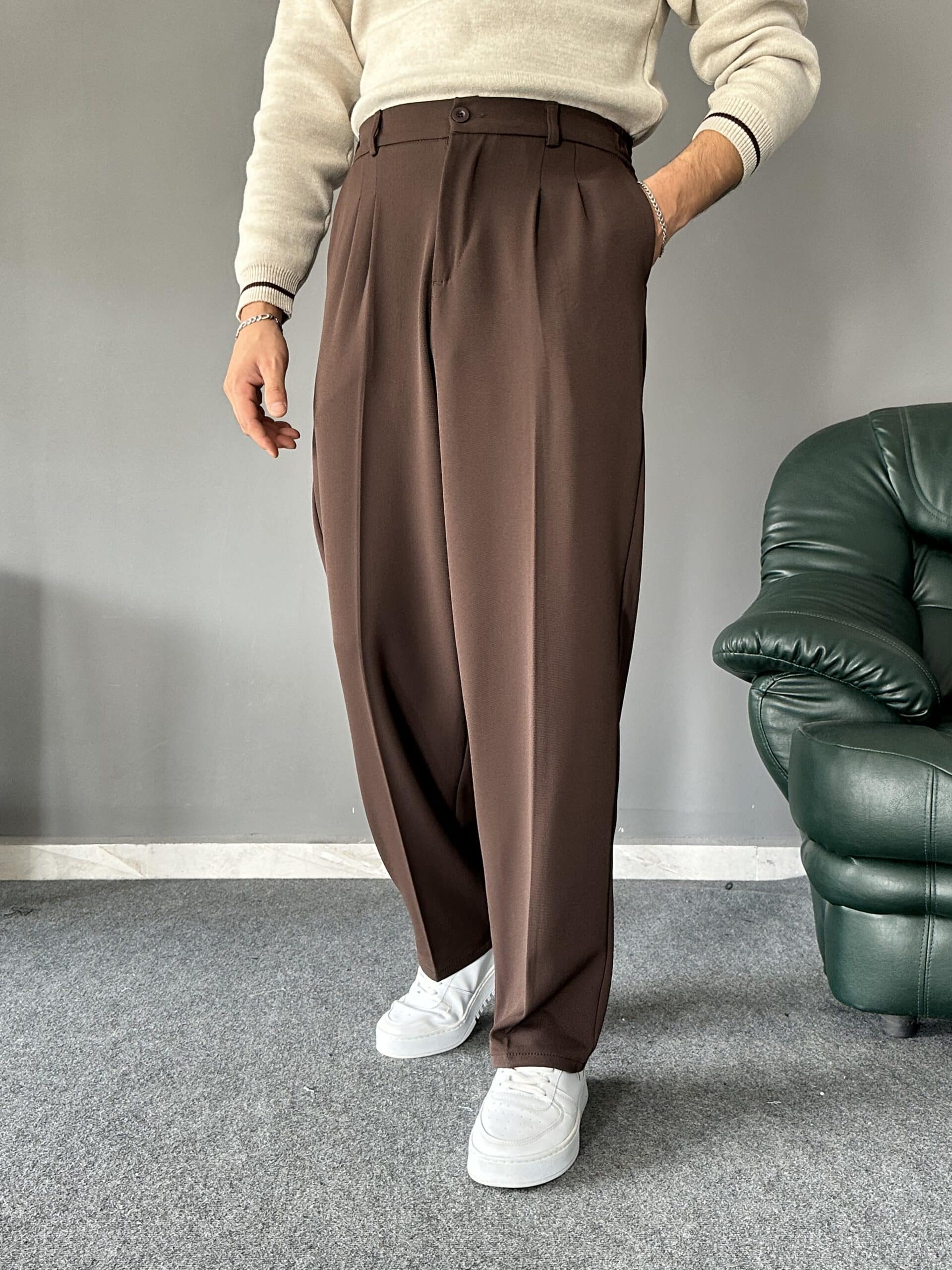 Baggy Kalıp Pileli Kahve PREMIUM Pantolon