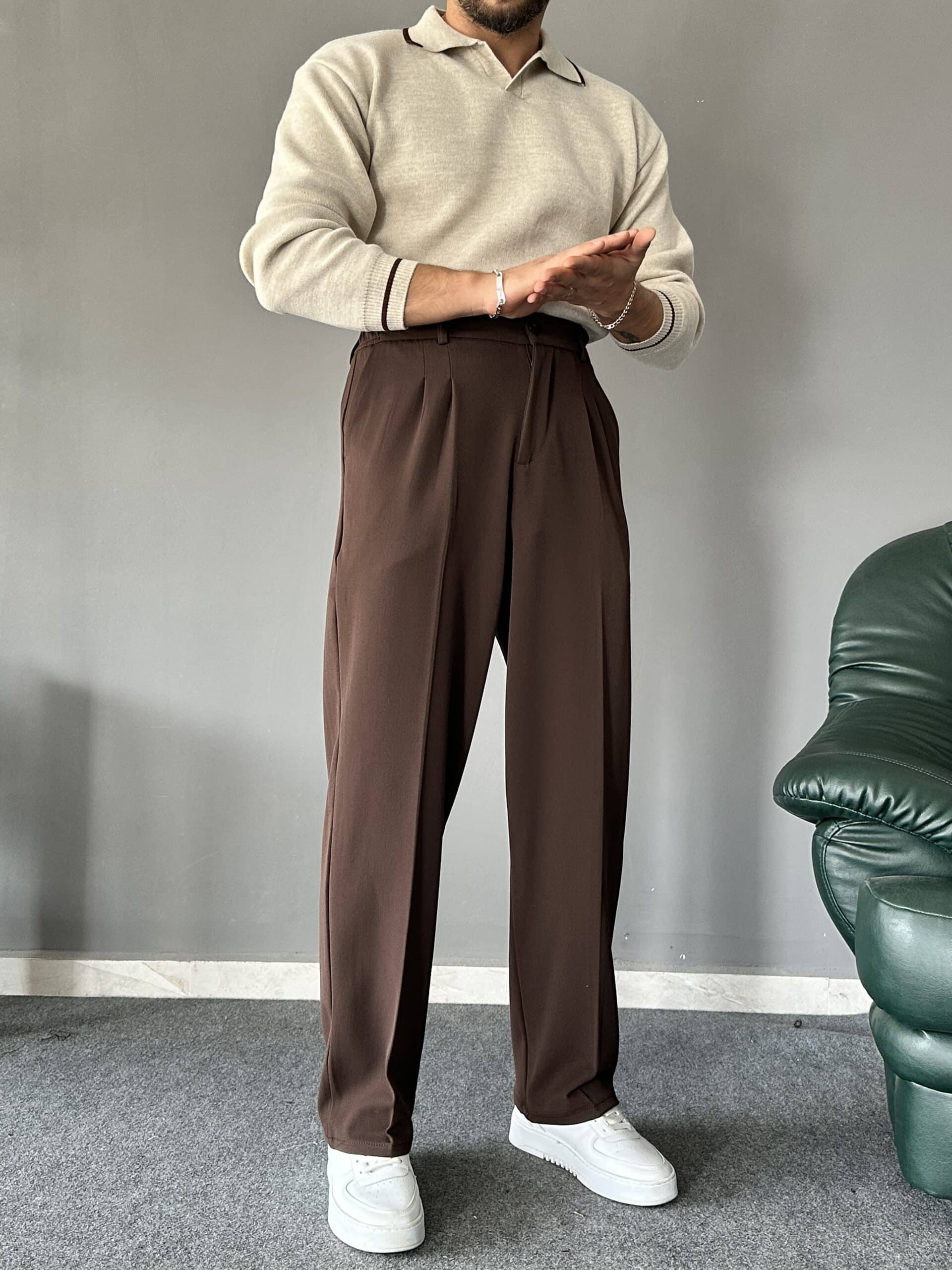 Baggy Kalıp Pileli Kahve PREMIUM Pantolon