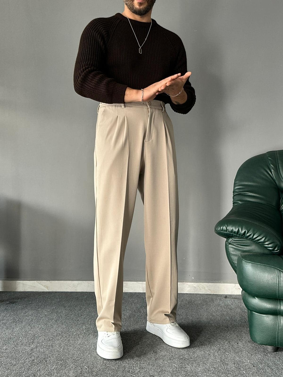 Baggy Kalıp Pileli Krem PREMIUM Pantolon