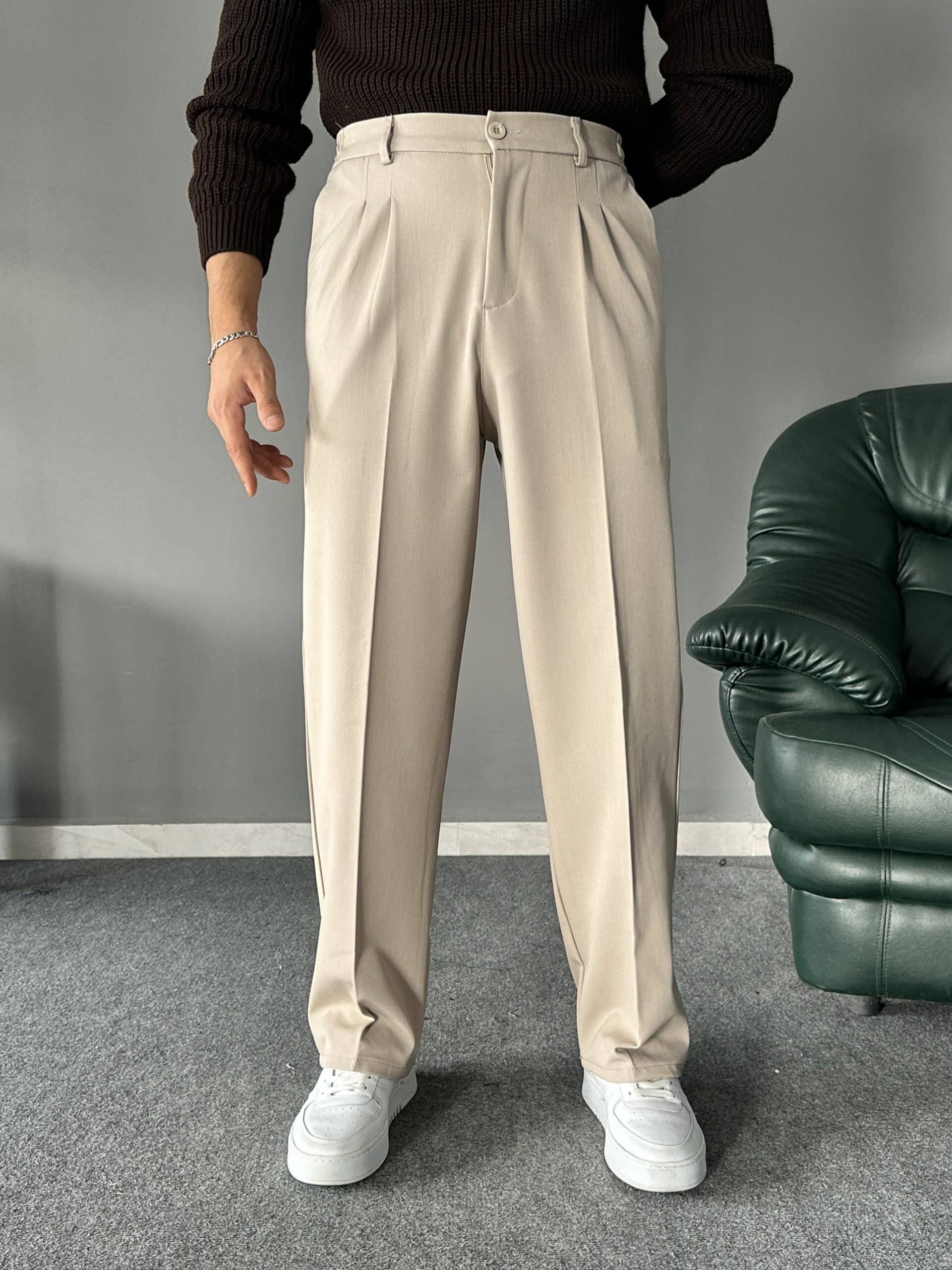 Baggy Kalıp Pileli Krem PREMIUM Pantolon