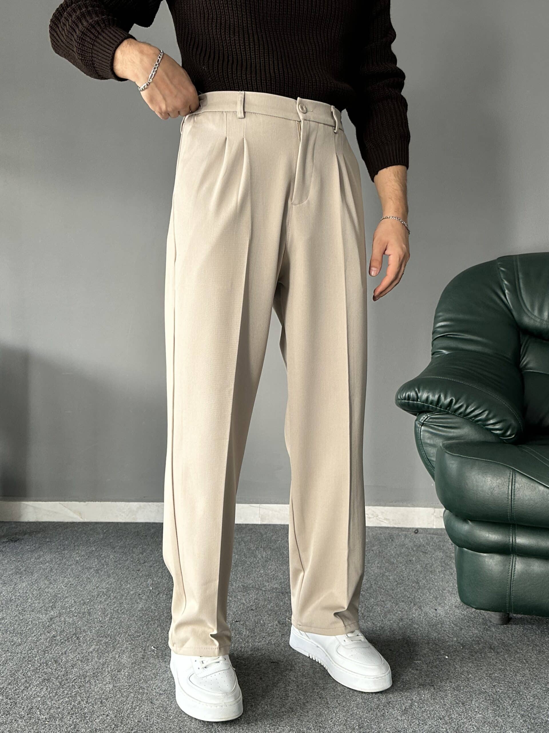 Baggy Kalıp Pileli Krem PREMIUM Pantolon