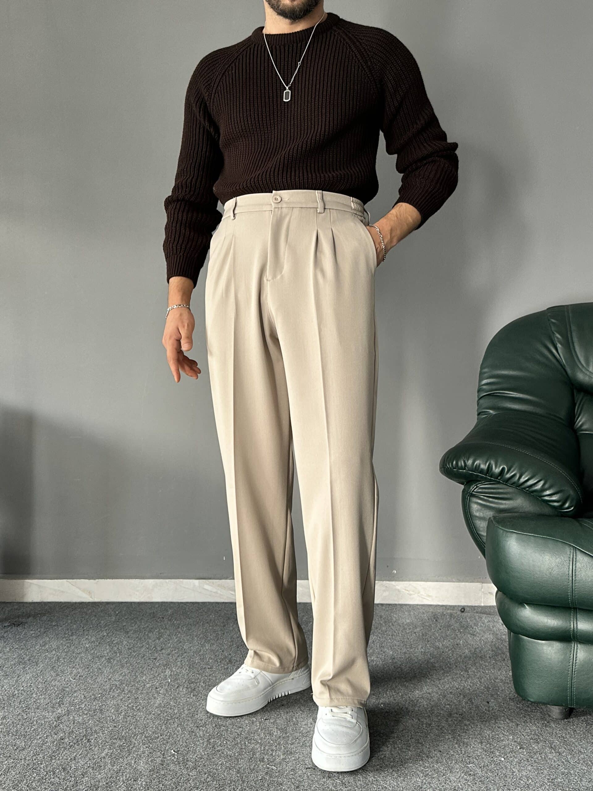Baggy Kalıp Pileli Krem PREMIUM Pantolon
