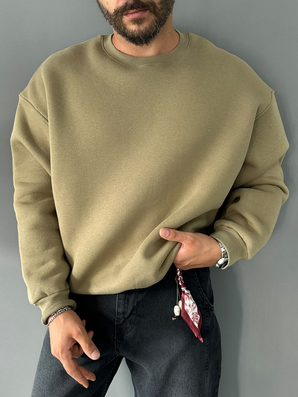 Basic Şardonlu Yeşil Oversize Sweatshirt