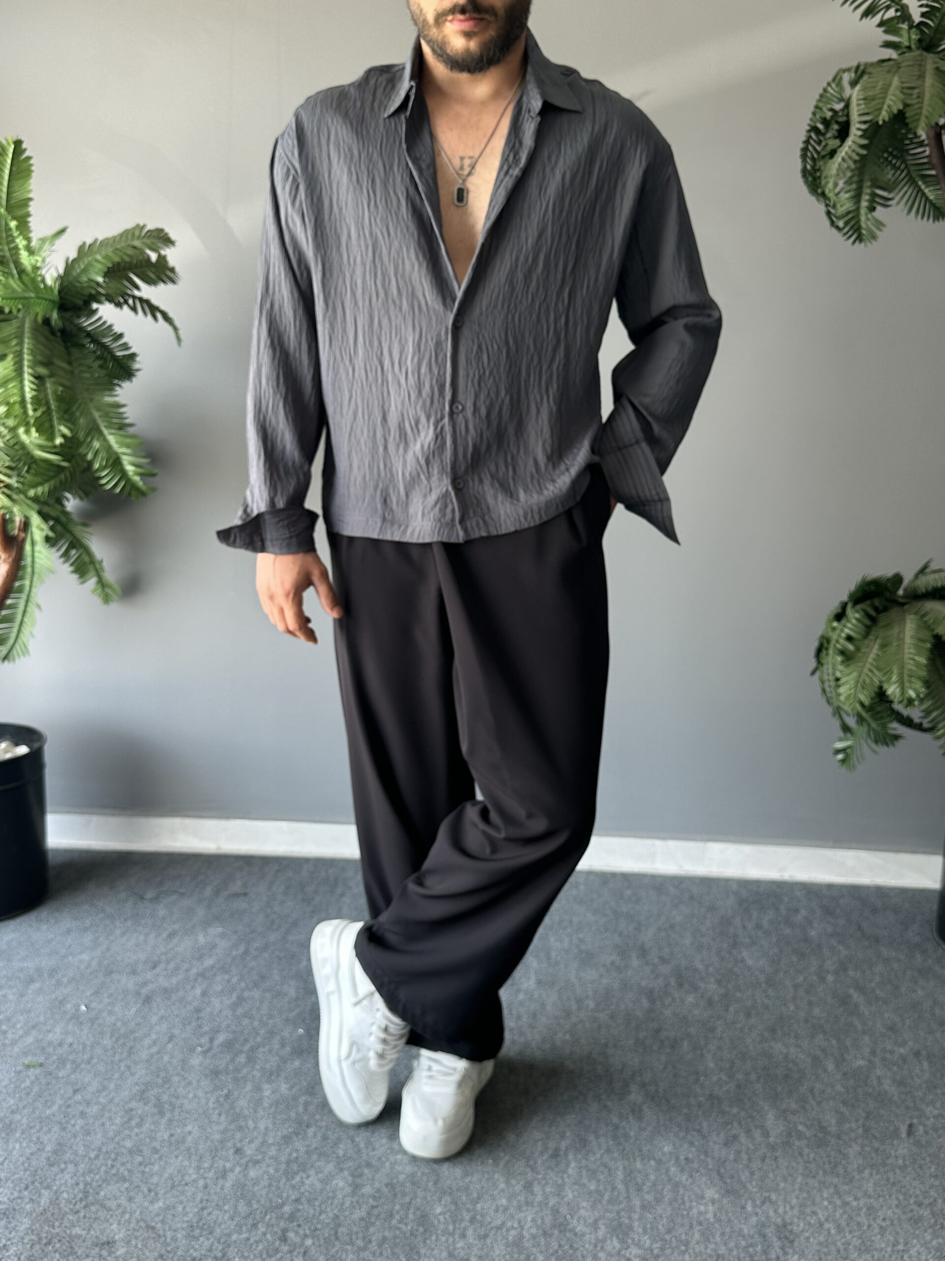 Bel Boy Armürlü Modal Kumaş Antrasit Oversize Gömlek