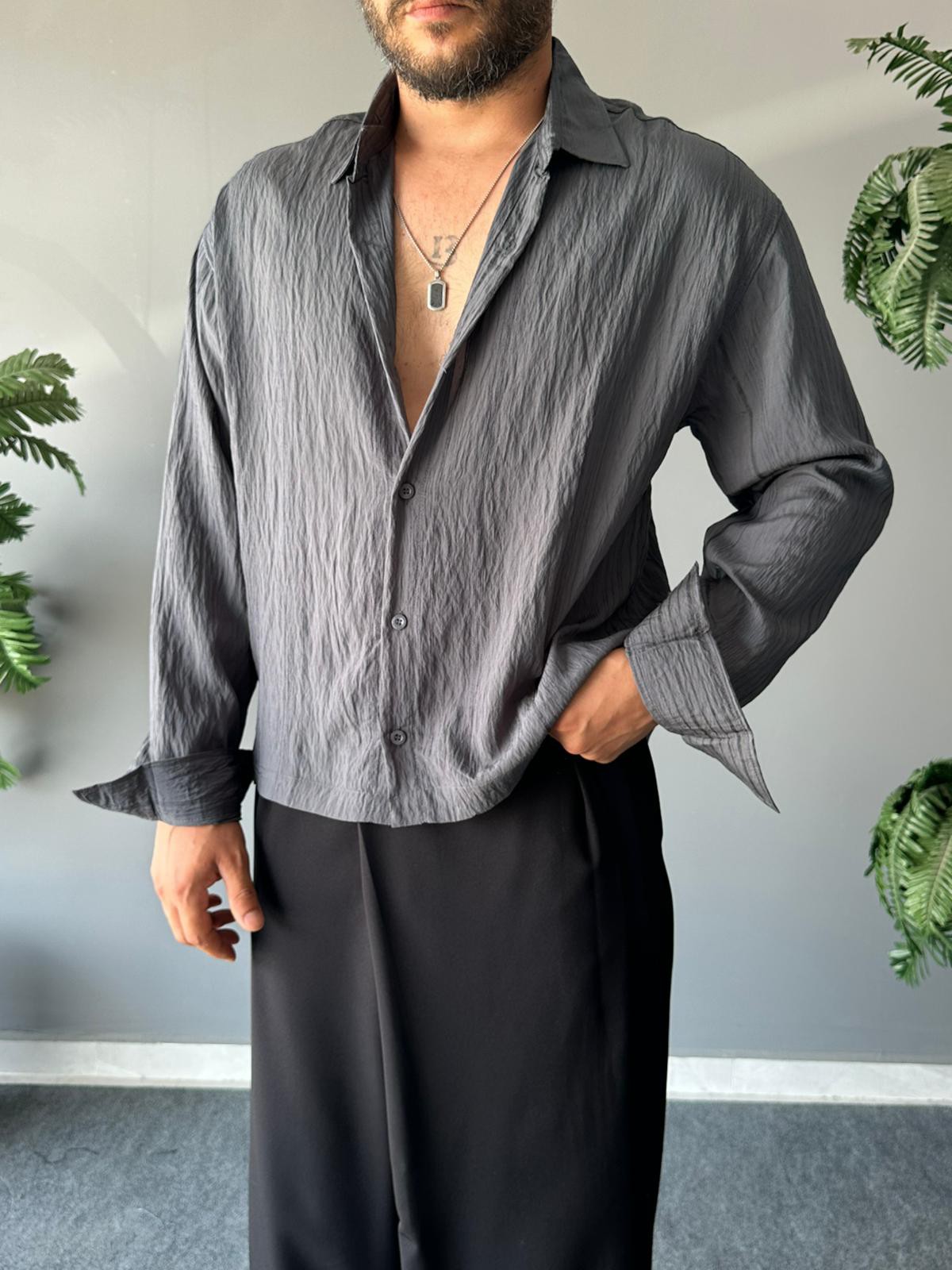 Bel Boy Armürlü Modal Kumaş Antrasit Oversize Gömlek