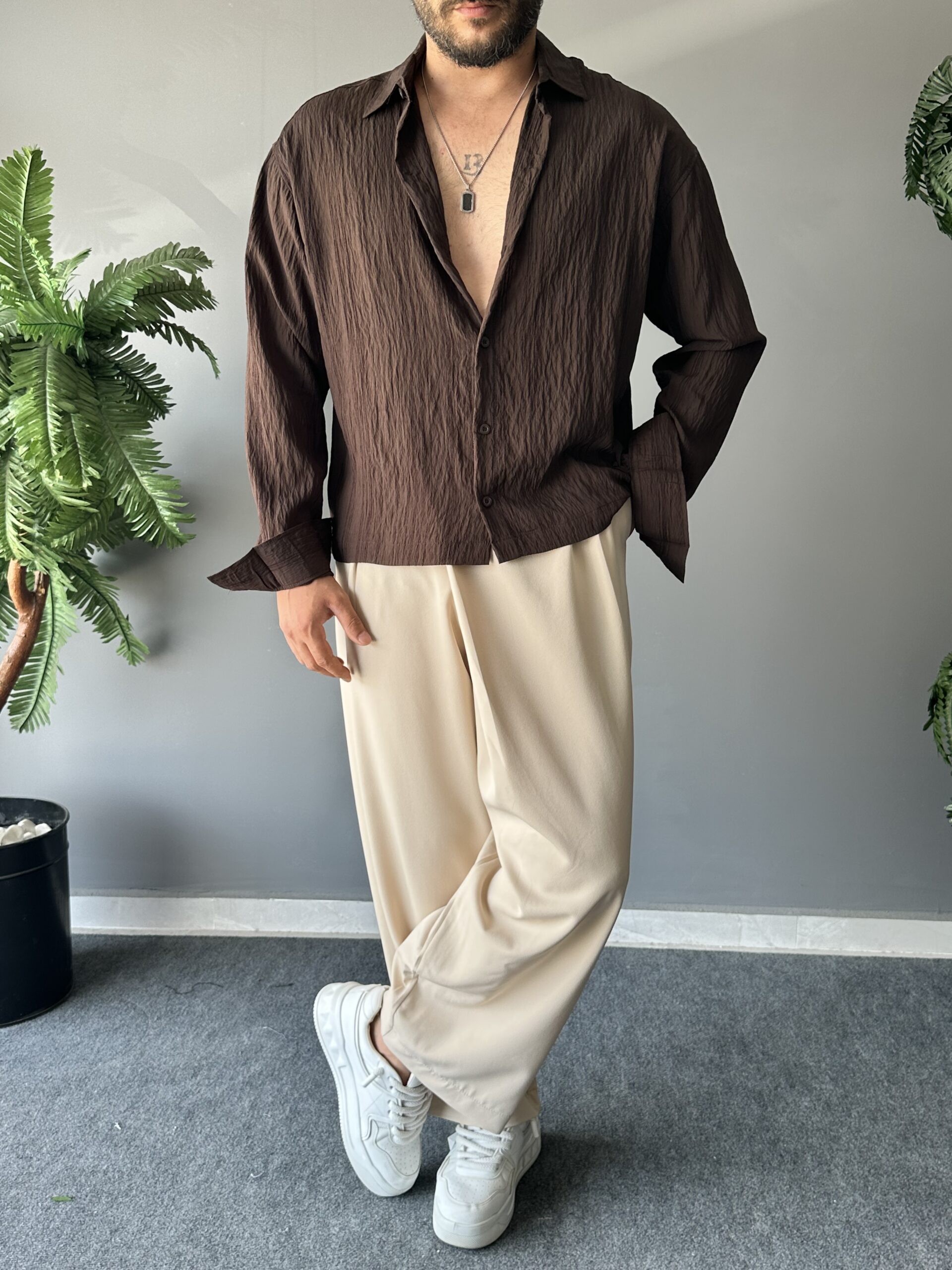 Bel Boy Armürlü Modal Kumaş Kahve Oversize Gömlek