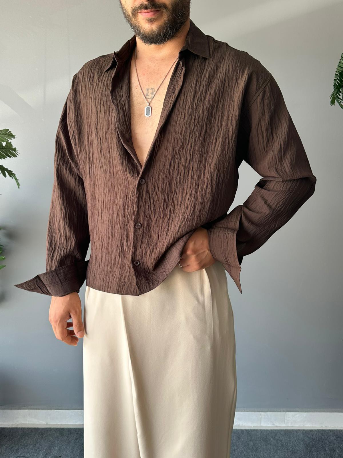 Bel Boy Armürlü Modal Kumaş Kahve Oversize Gömlek