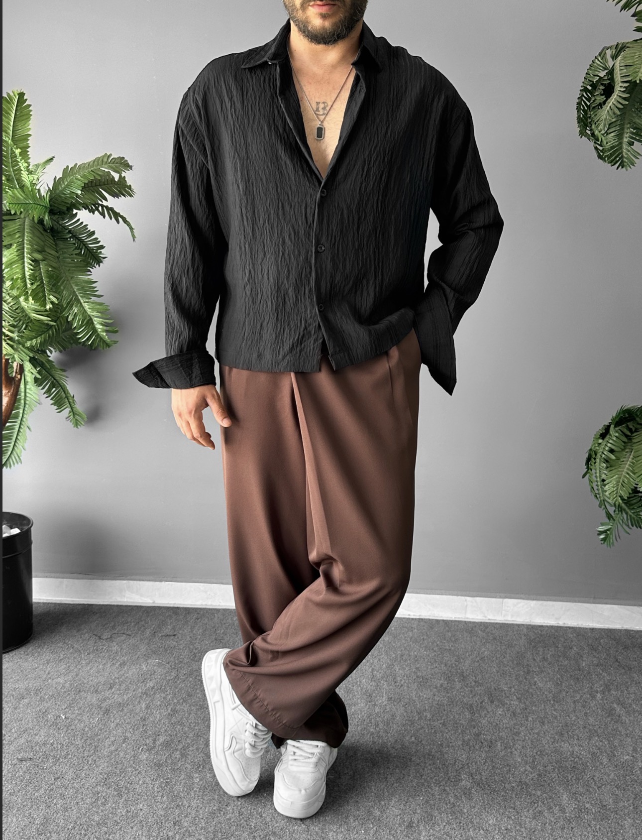 Bel Boy Armürlü Modal Kumaş Siyah Oversize Gömlek
