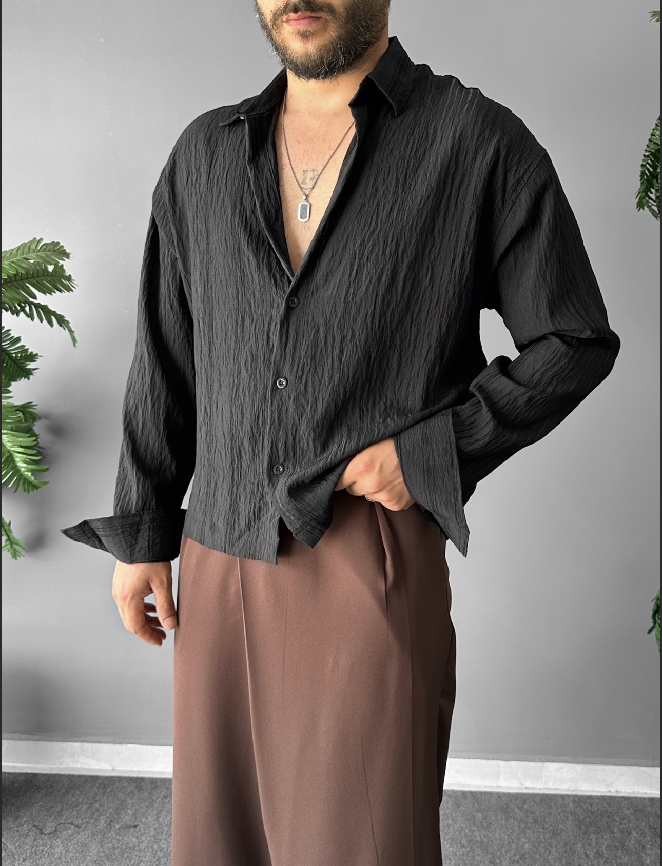 Bel Boy Armürlü Modal Kumaş Siyah Oversize Gömlek