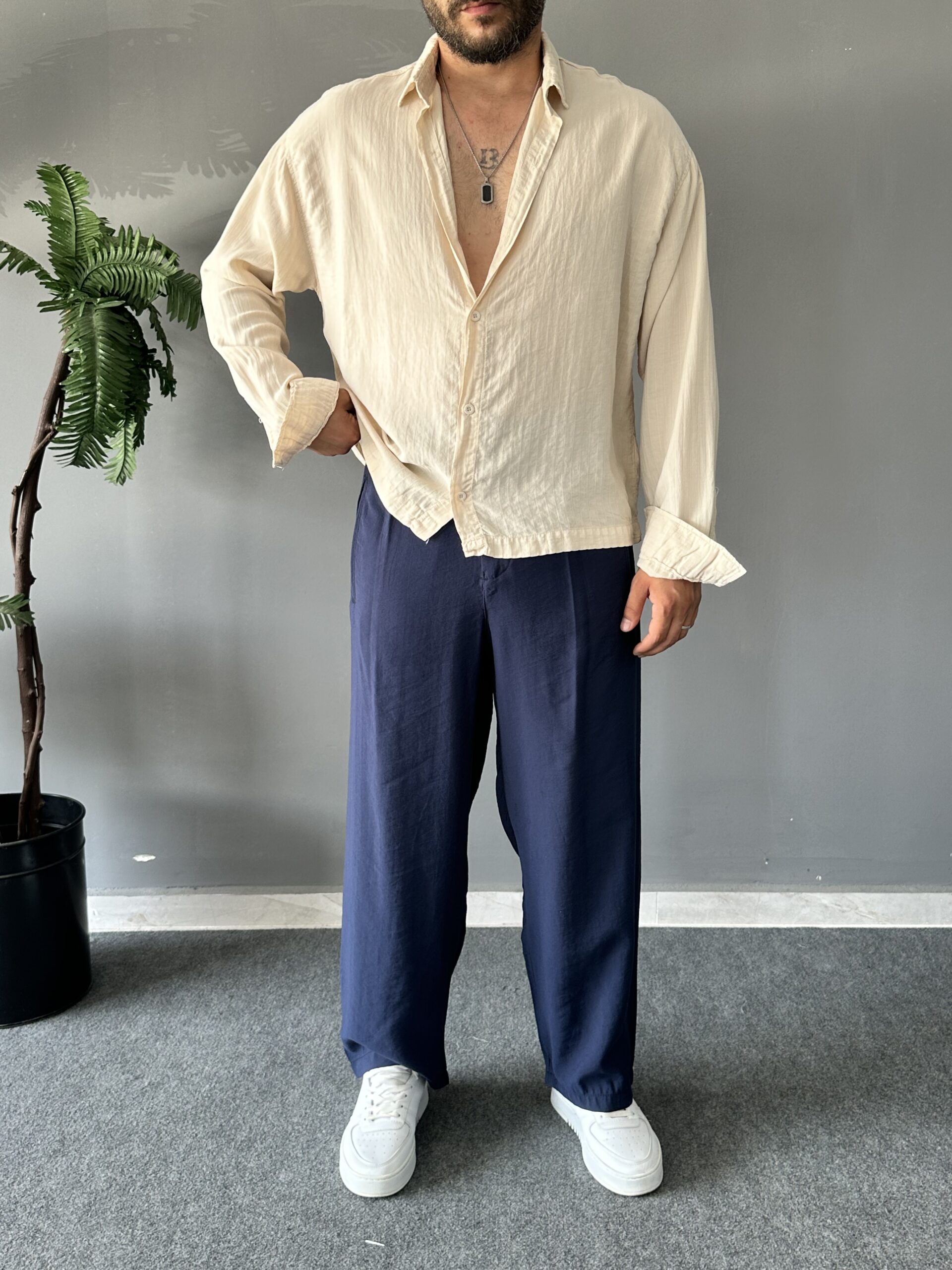 Bel Boy Tensel Kumaş Çizgili Krem Oversize Gömlek