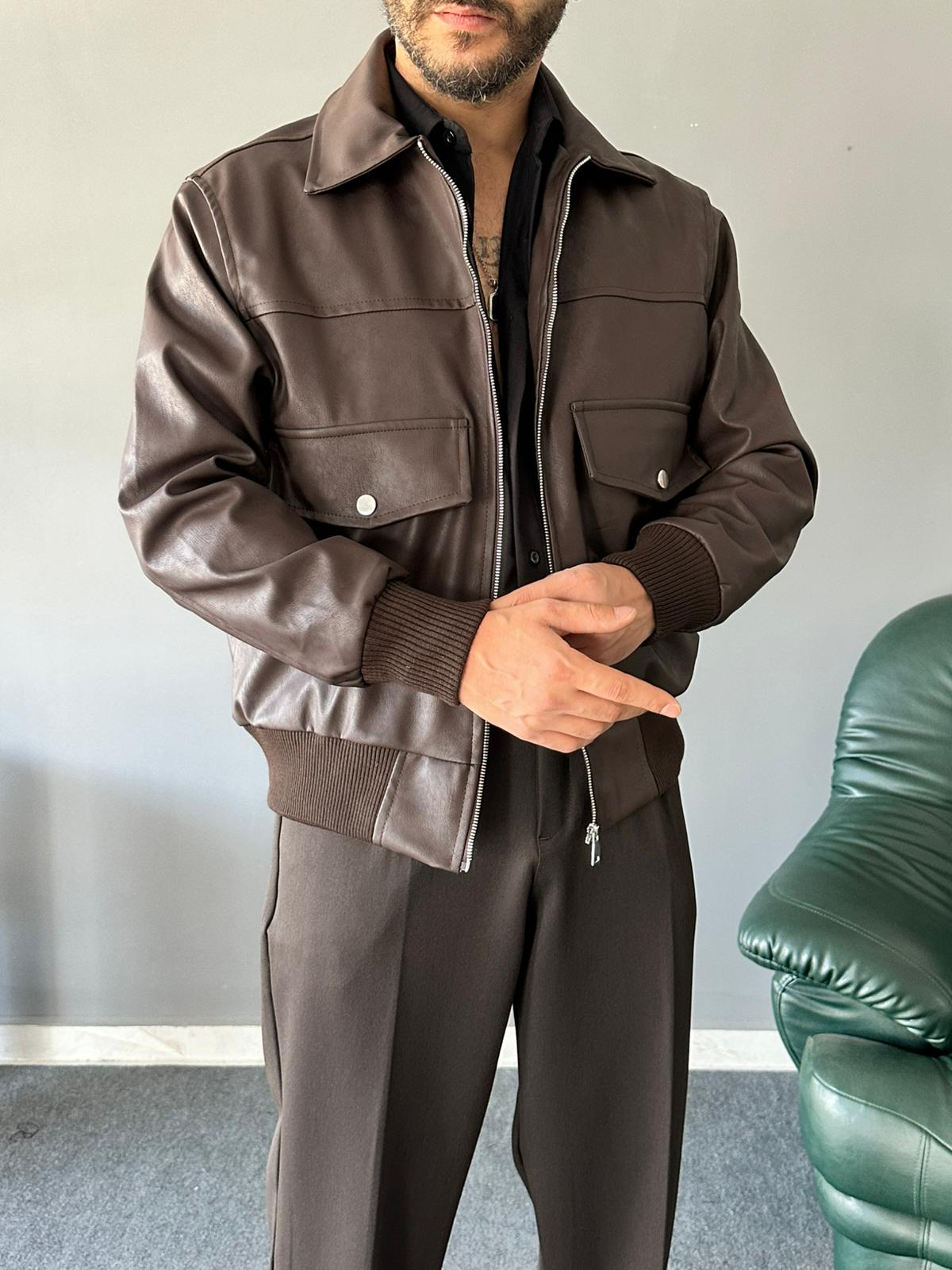 Cep Detaylı Premium Kahve Deri Mont