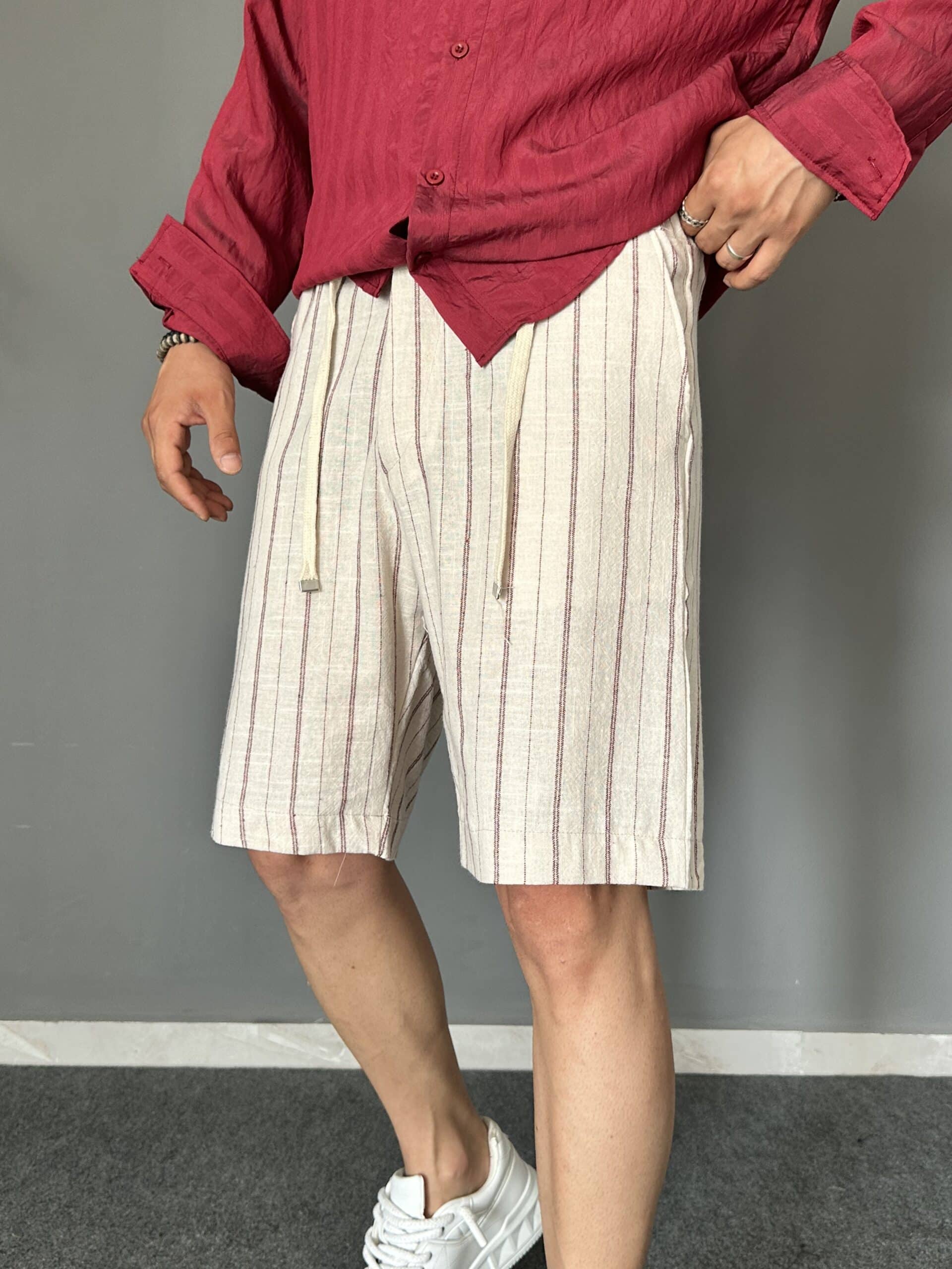 Çizgili Keten Kumaş Bordo Bermuda Şort