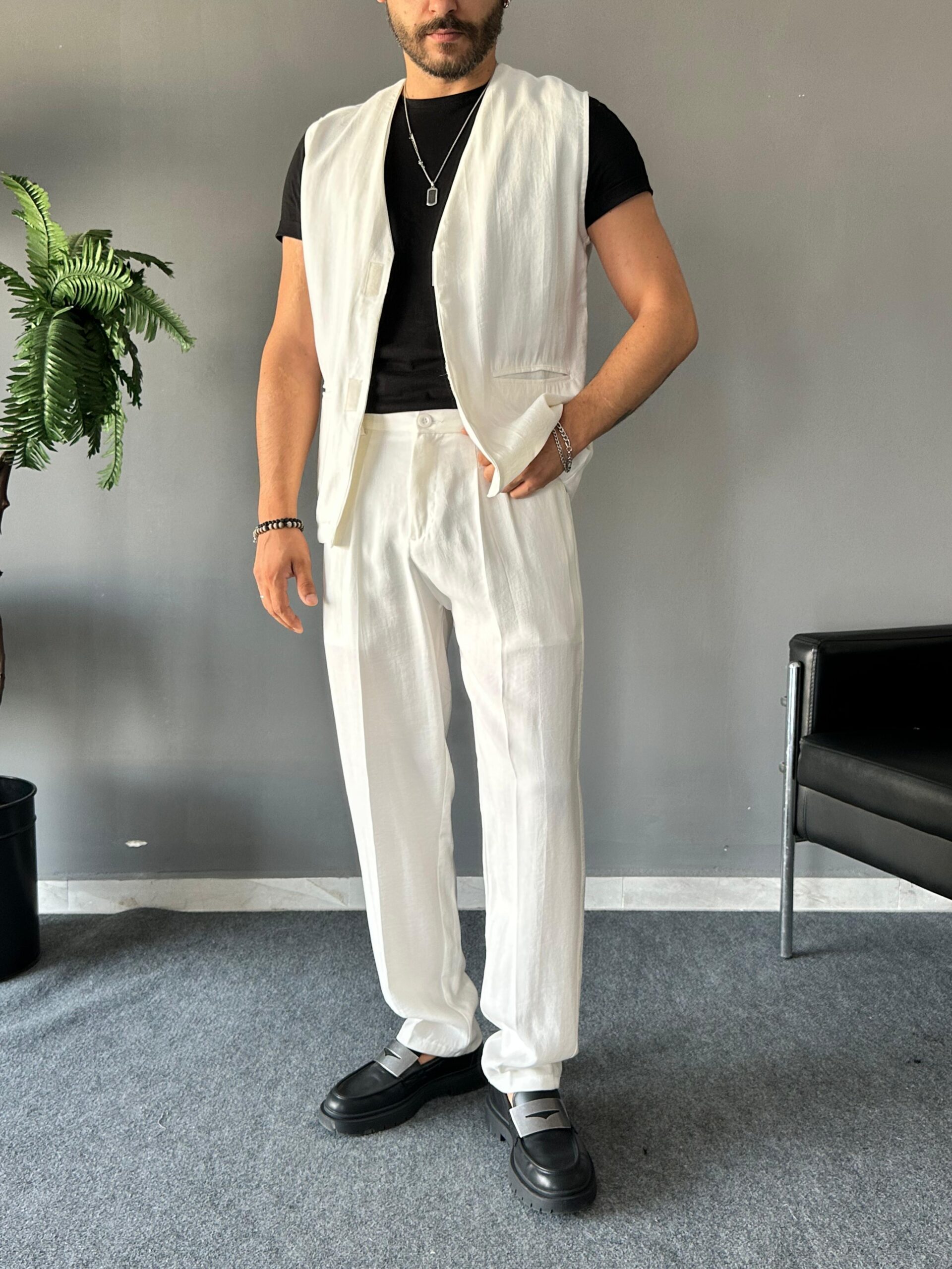 Diagonel Modal Kumaş Ekru Regular Yelek