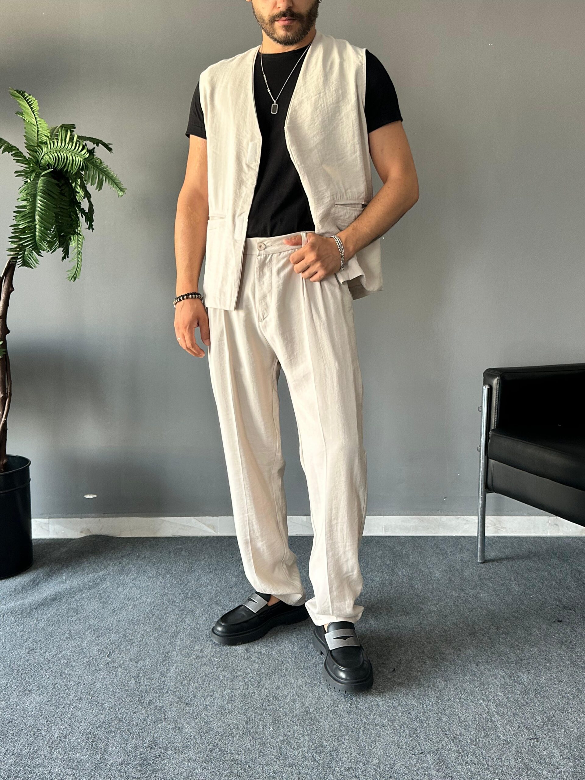 Diagonel Modal Kumaş Krem Regular Yelek