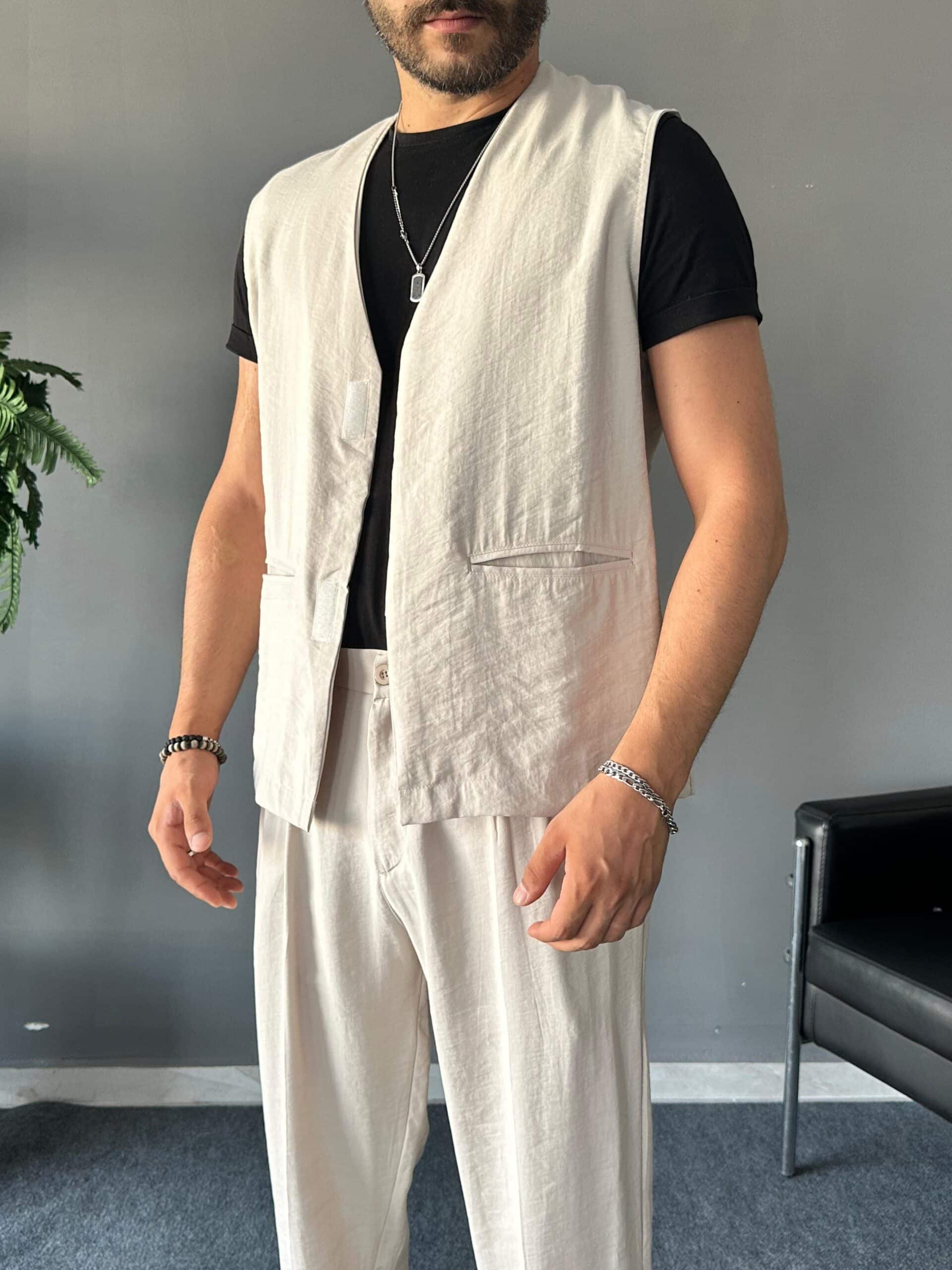 Diagonel Modal Kumaş Krem Regular Yelek