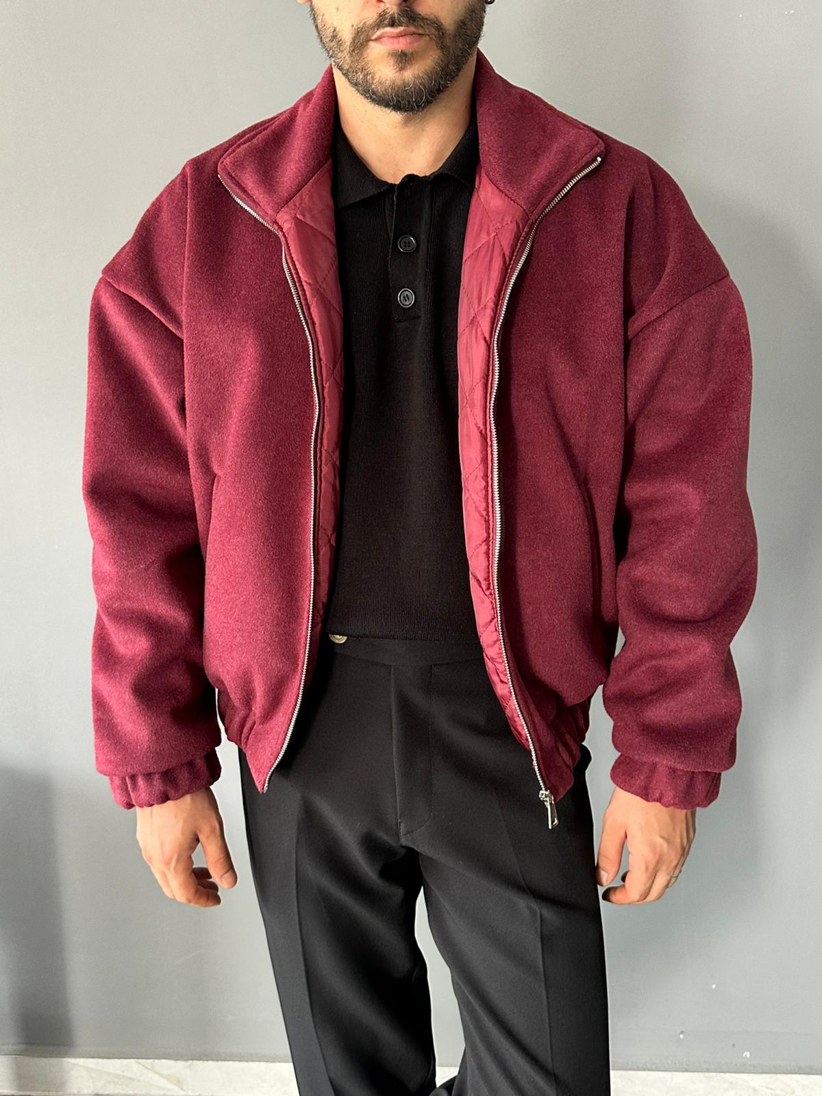 Dik Yakalı Kaşe Kumaş Bordo Mont
