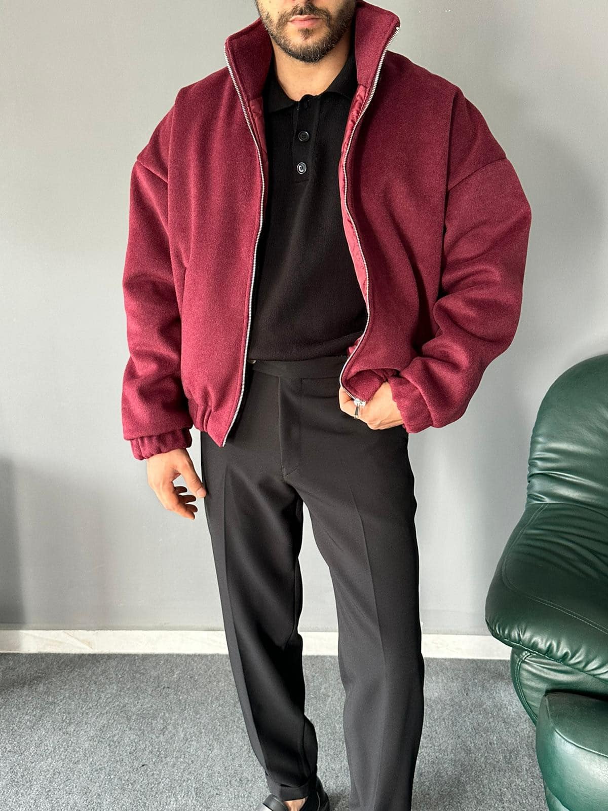 Dik Yakalı Kaşe Kumaş Bordo Mont