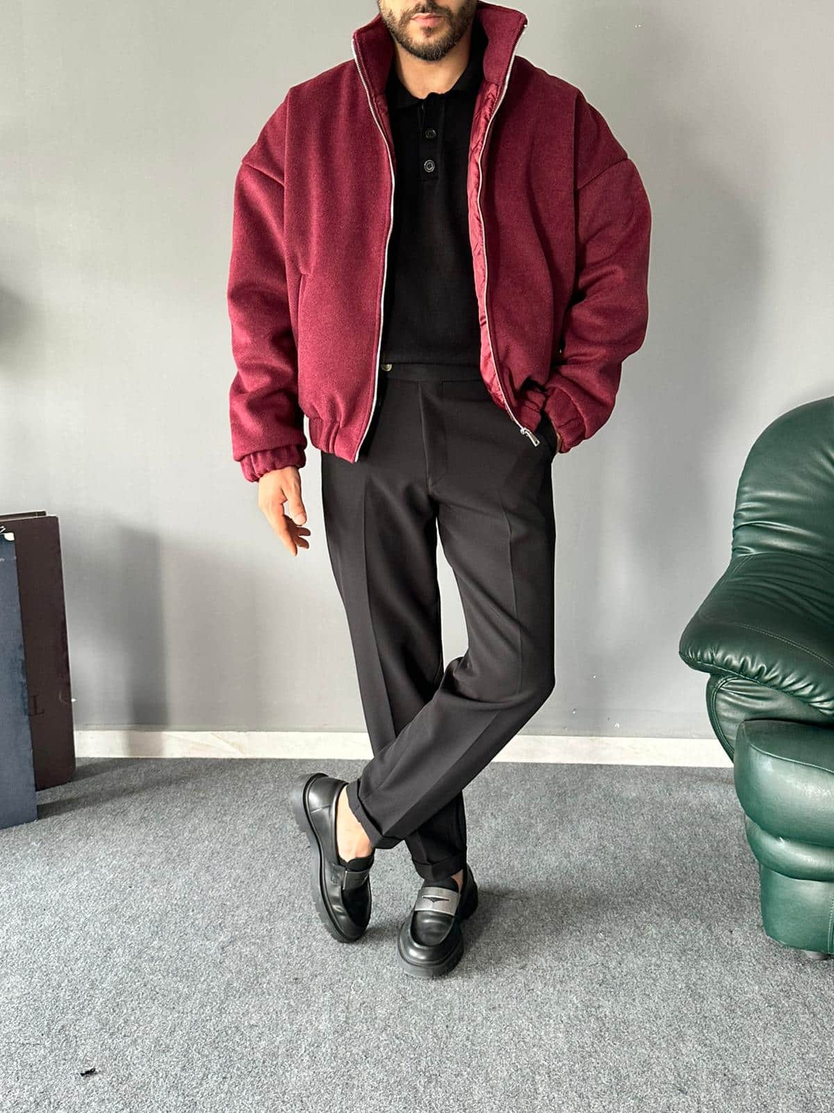 Dik Yakalı Kaşe Kumaş Bordo Mont