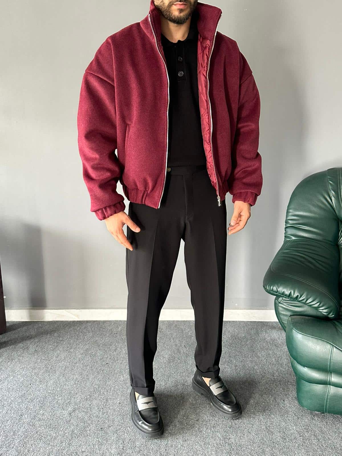 Dik Yakalı Kaşe Kumaş Bordo Mont