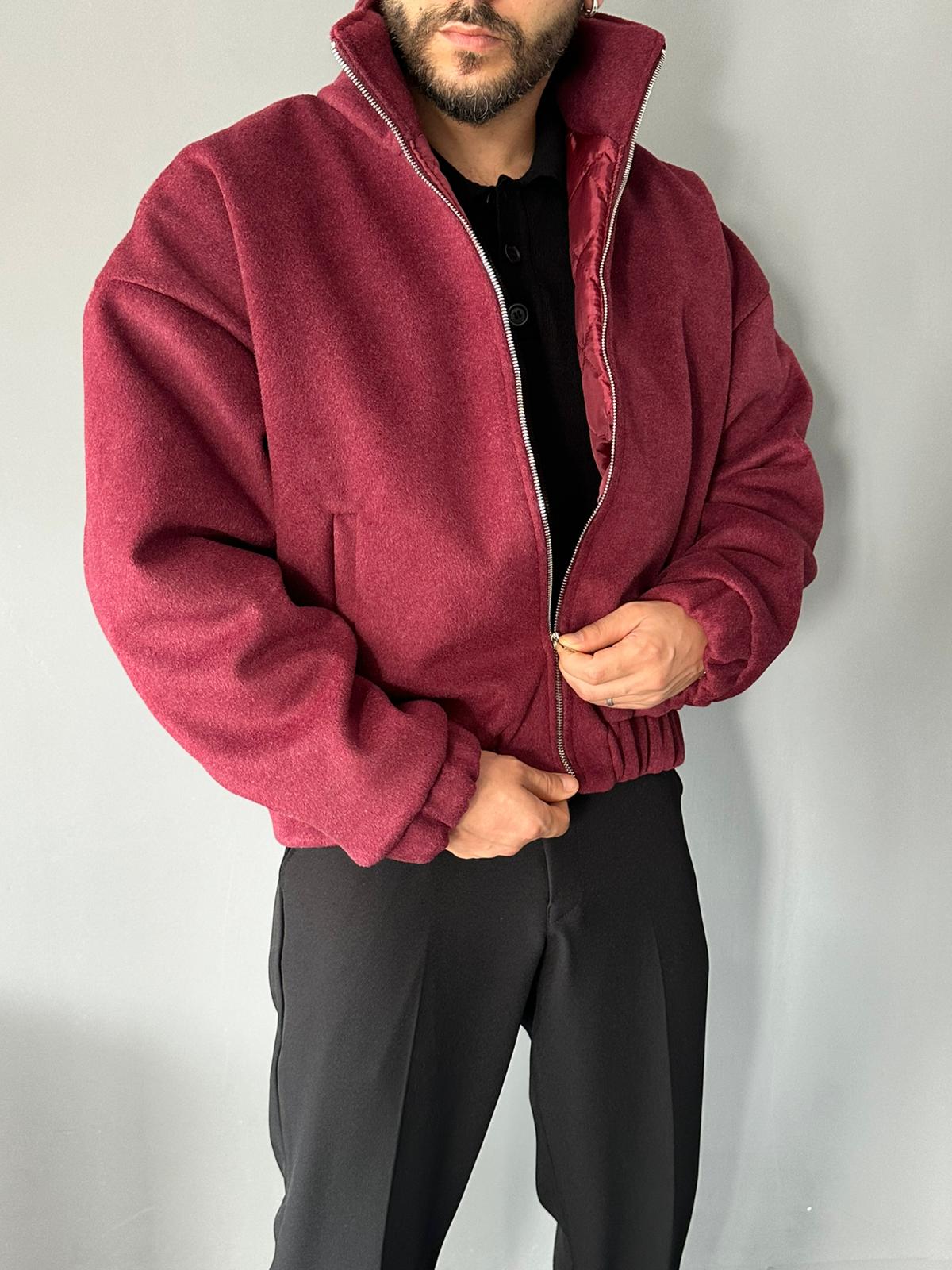 Dik Yakalı Kaşe Kumaş Bordo Mont