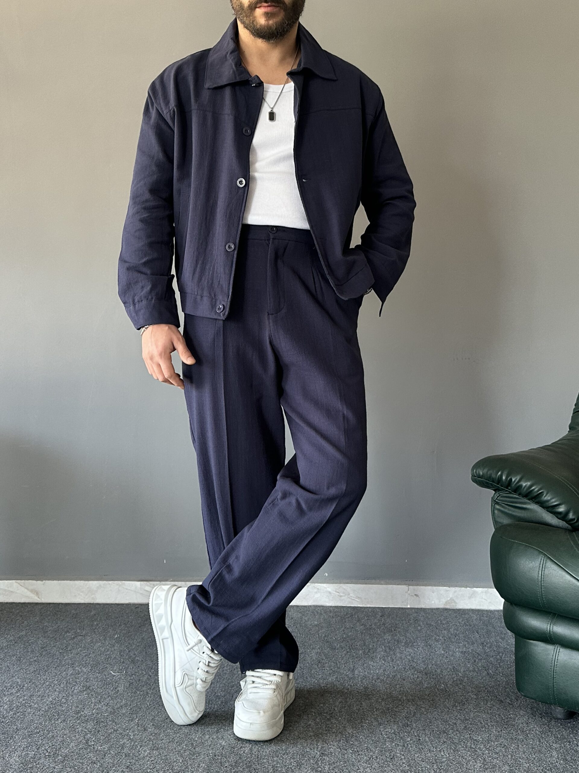 Düğmeli Yan Cep Detaylı Baggy Lacivert Takım