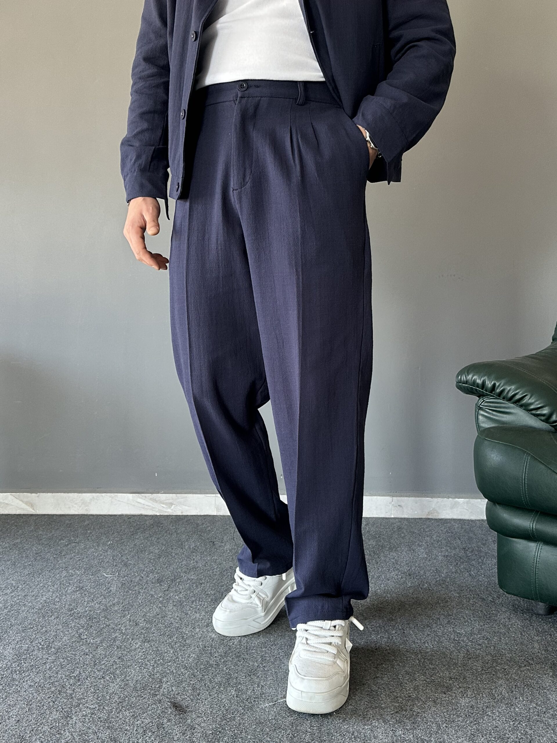 Düğmeli Yan Cep Detaylı Baggy Lacivert Takım