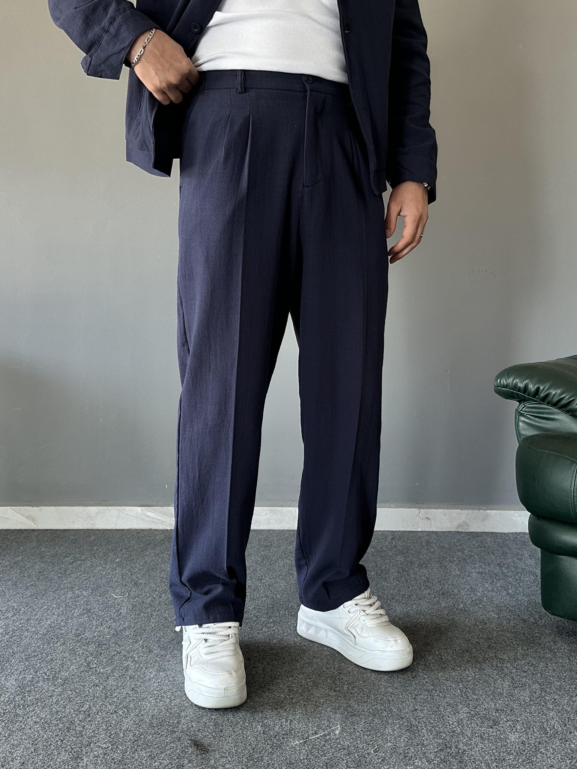 Düğmeli Yan Cep Detaylı Baggy Lacivert Takım