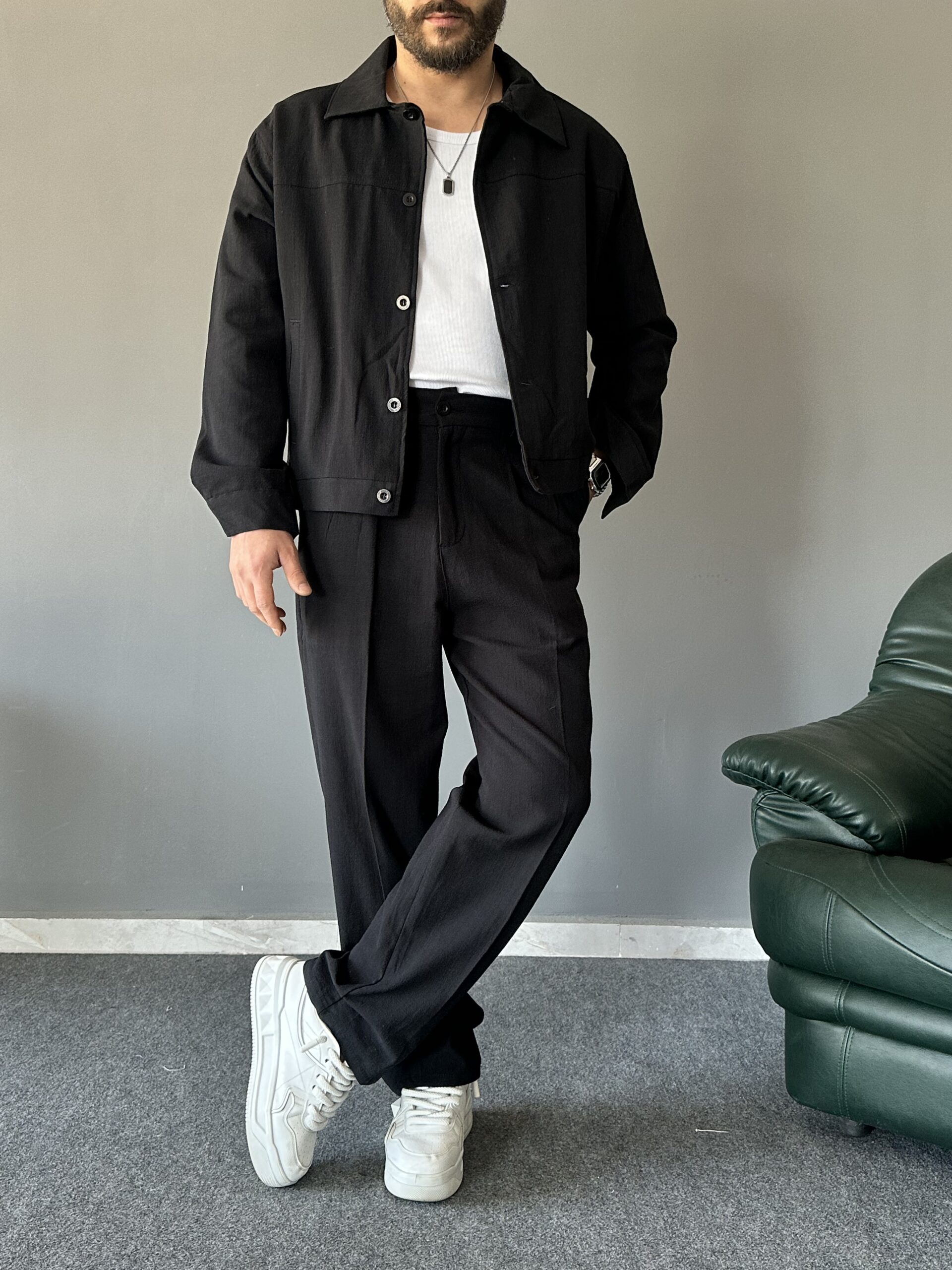 Düğmeli Yan Cep Detaylı Baggy Siyah Takım