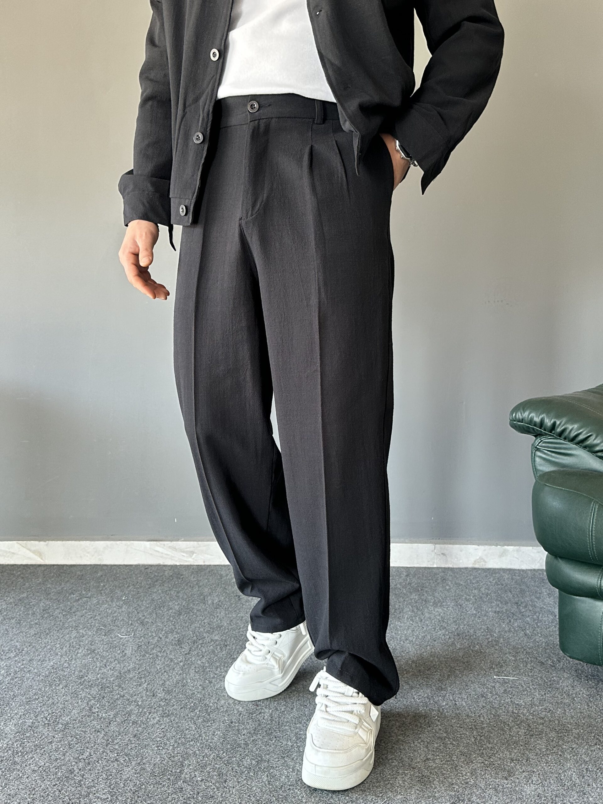 Düğmeli Yan Cep Detaylı Baggy Siyah Takım