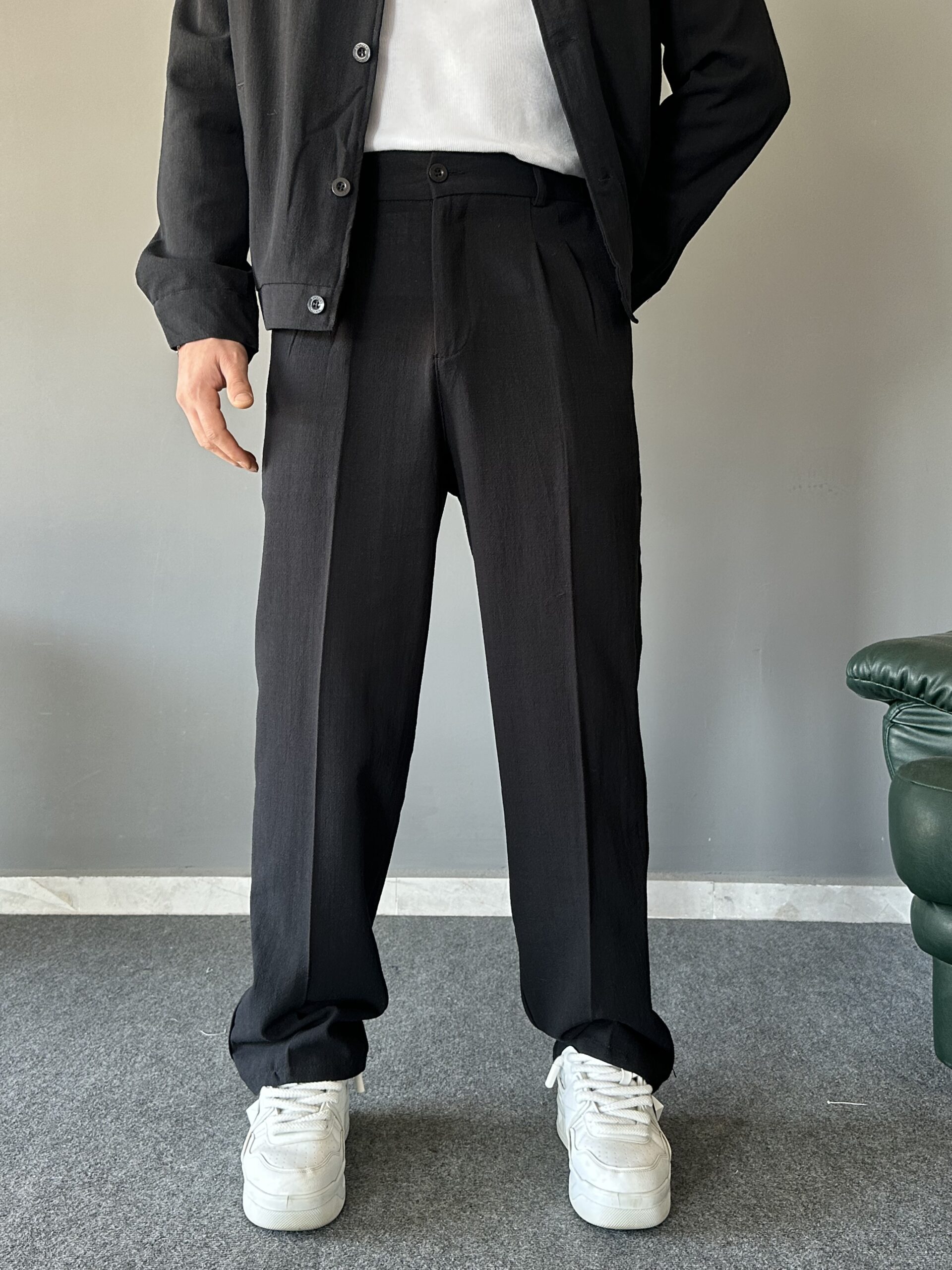 Düğmeli Yan Cep Detaylı Baggy Siyah Takım