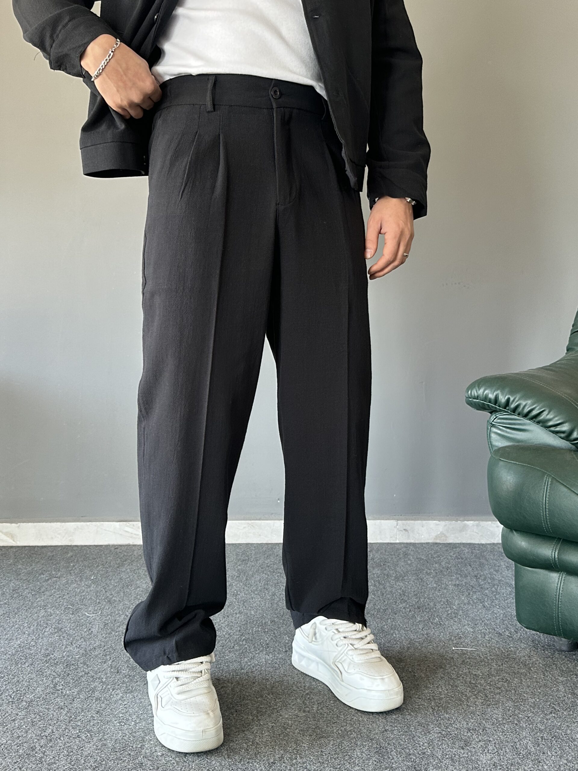 Düğmeli Yan Cep Detaylı Baggy Siyah Takım
