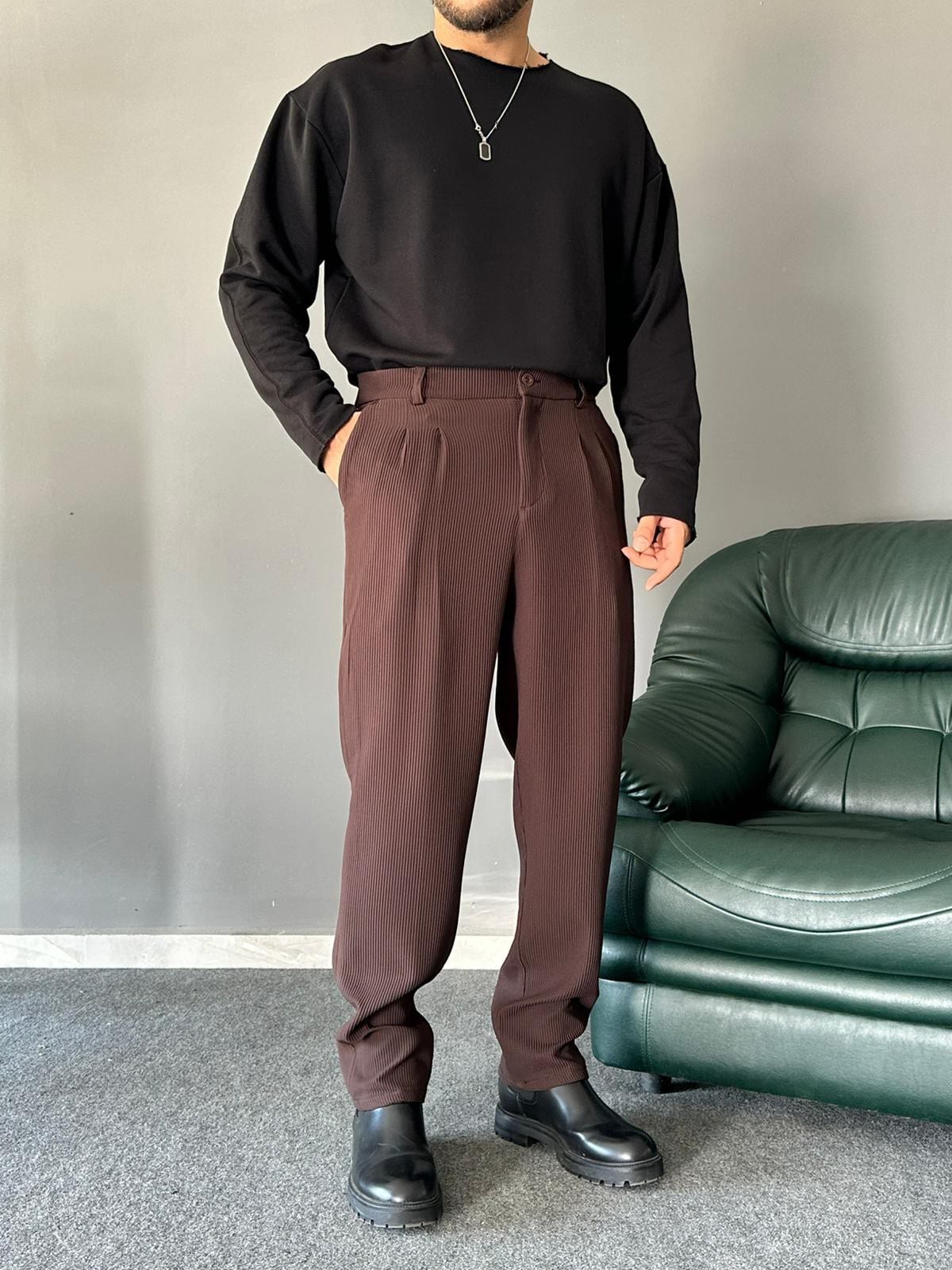Fitilli Kumaş Kahve Baggy Kalıp Pantolon