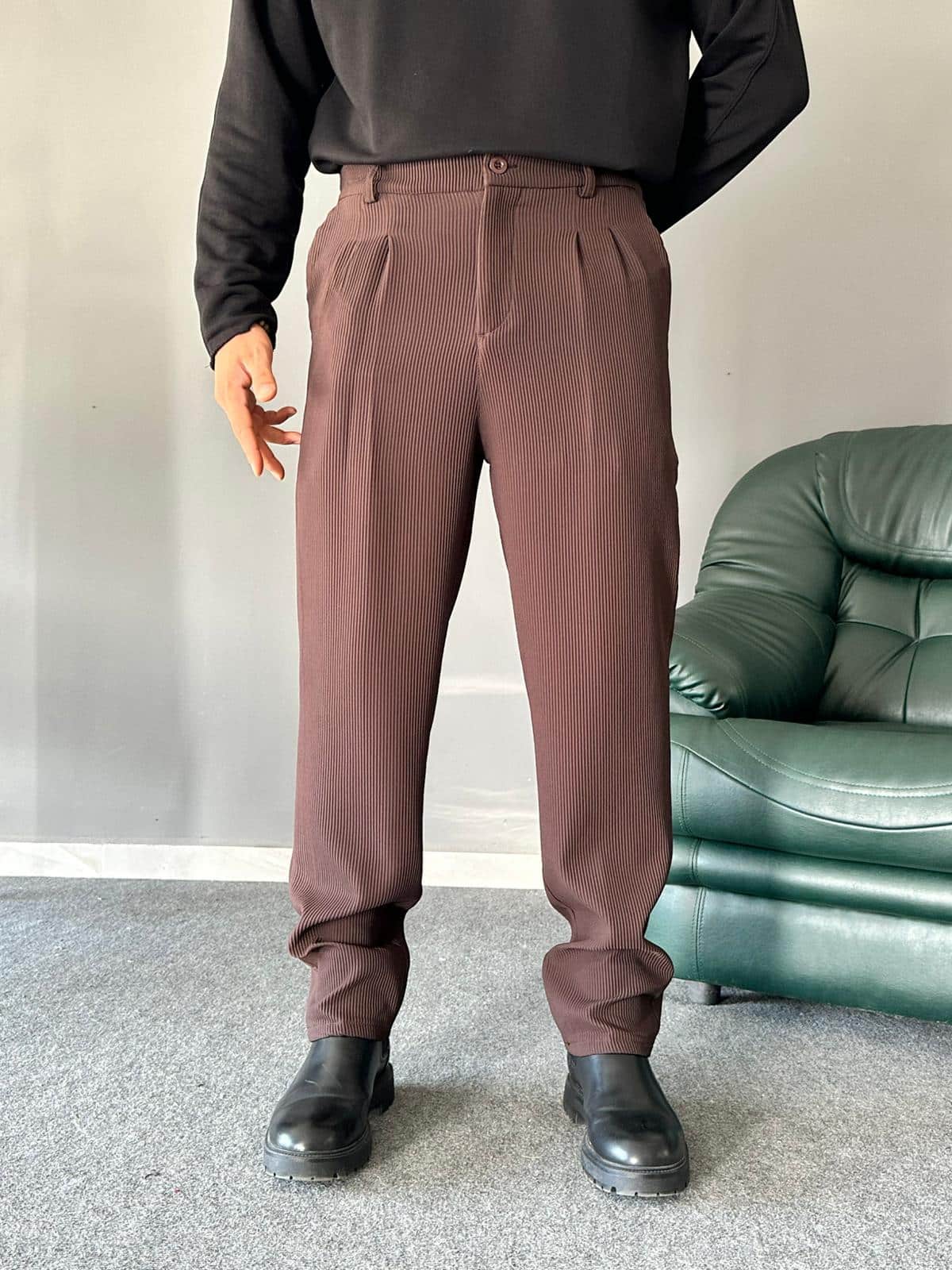 Fitilli Kumaş Kahve Baggy Kalıp Pantolon