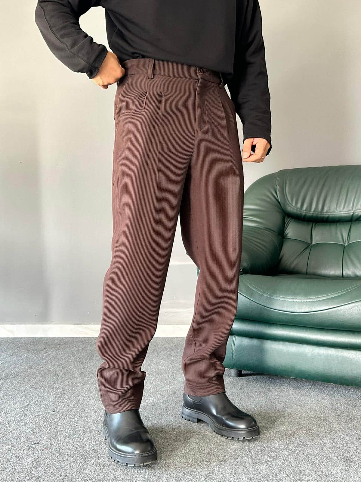 Fitilli Kumaş Kahve Baggy Kalıp Pantolon