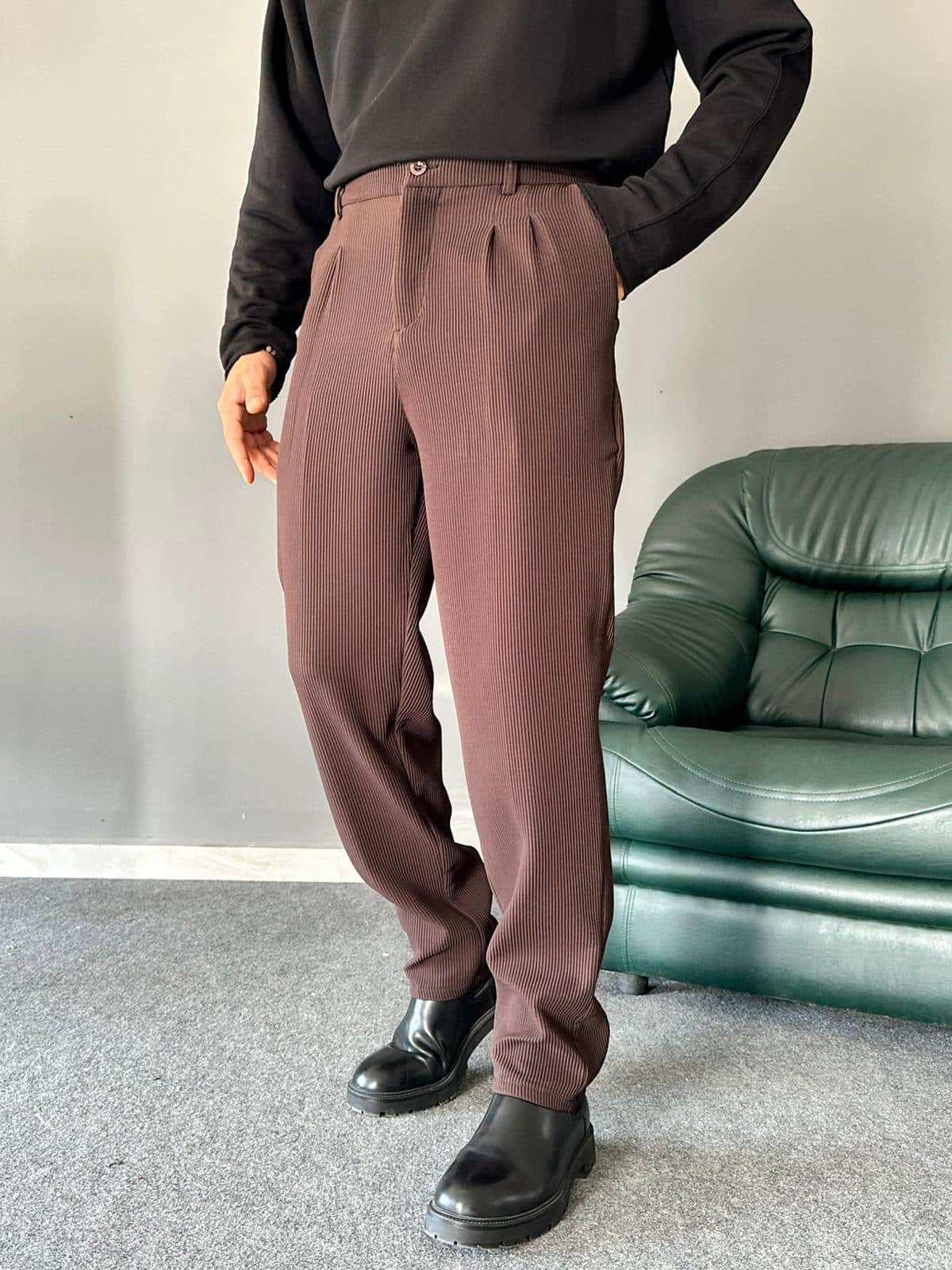 Fitilli Kumaş Kahve Baggy Kalıp Pantolon