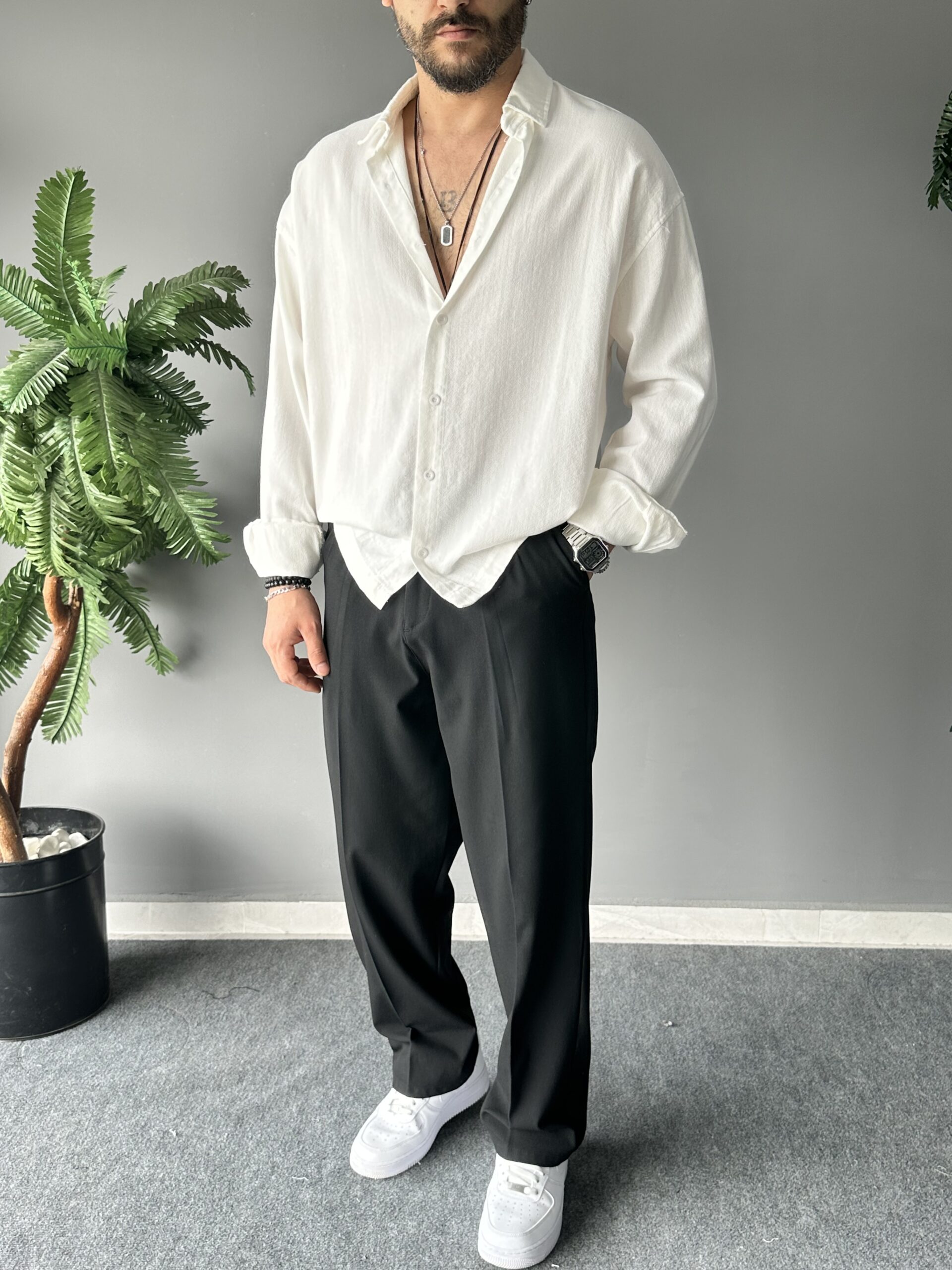 Fresh Keten Kumaş Süper Oversize Beyaz Gömlek
