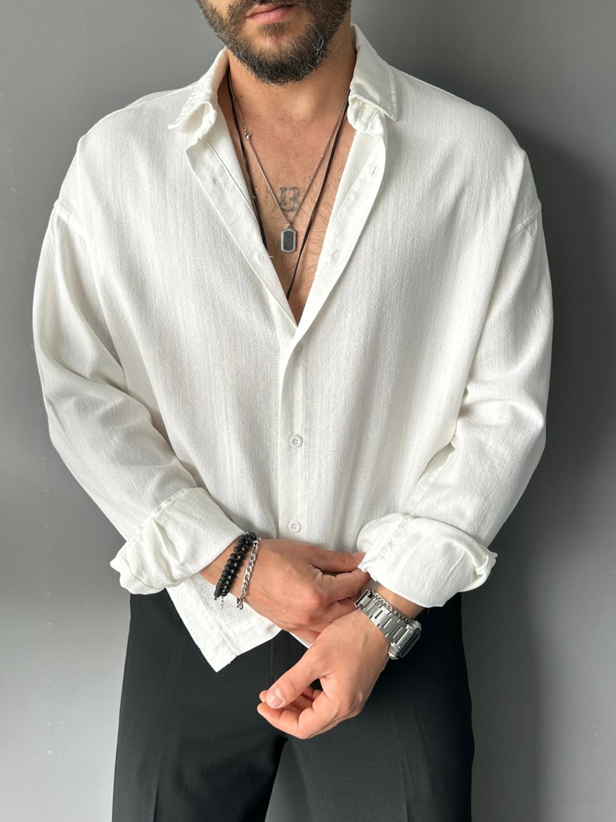 Fresh Keten Kumaş Süper Oversize Beyaz Gömlek