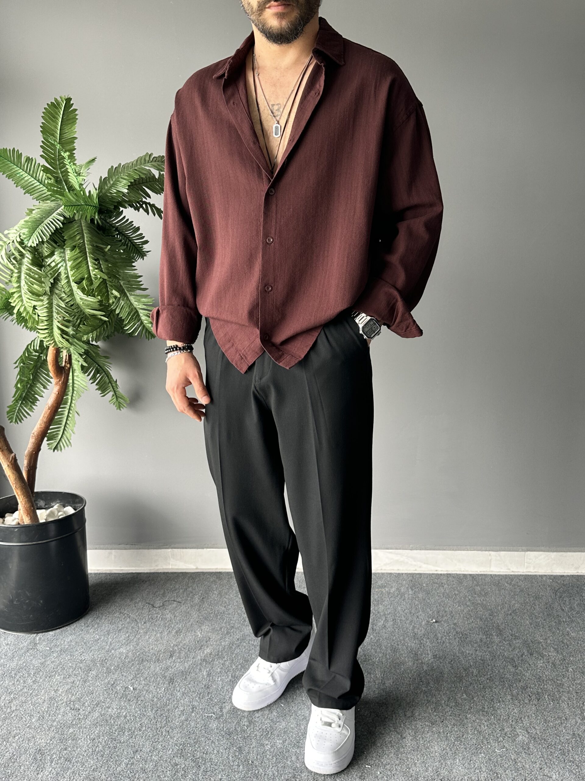 Fresh Keten Kumaş Süper Oversize Kahve Gömlek