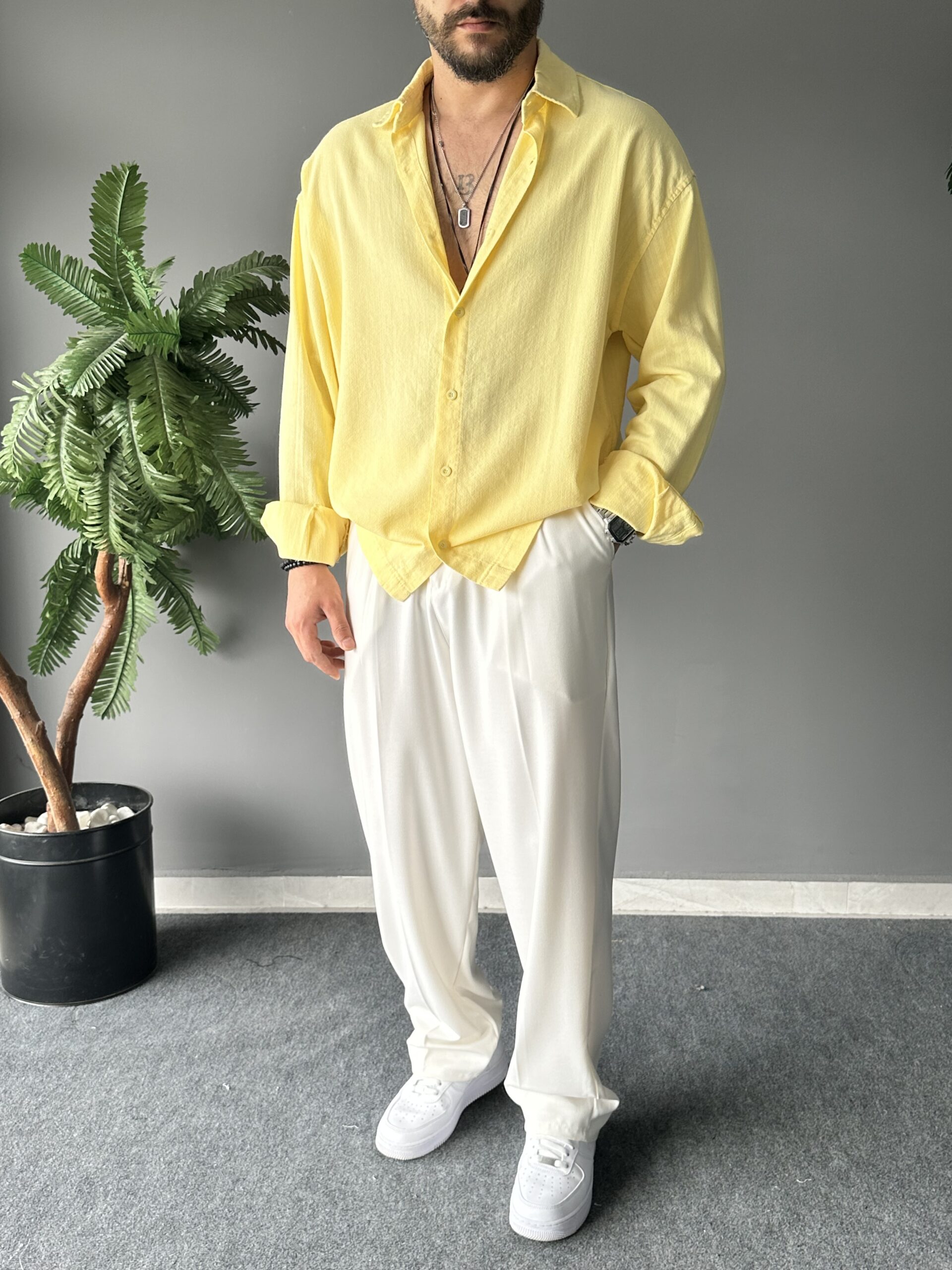 Fresh Keten Kumaş Süper Oversize Sarı Gömlek