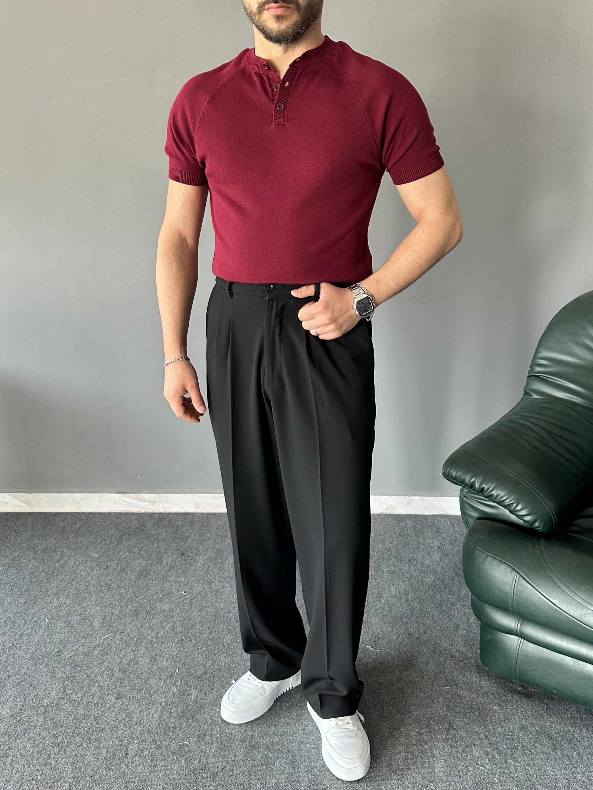 Hakim Yakalı Reglan Kol Bordo Triko