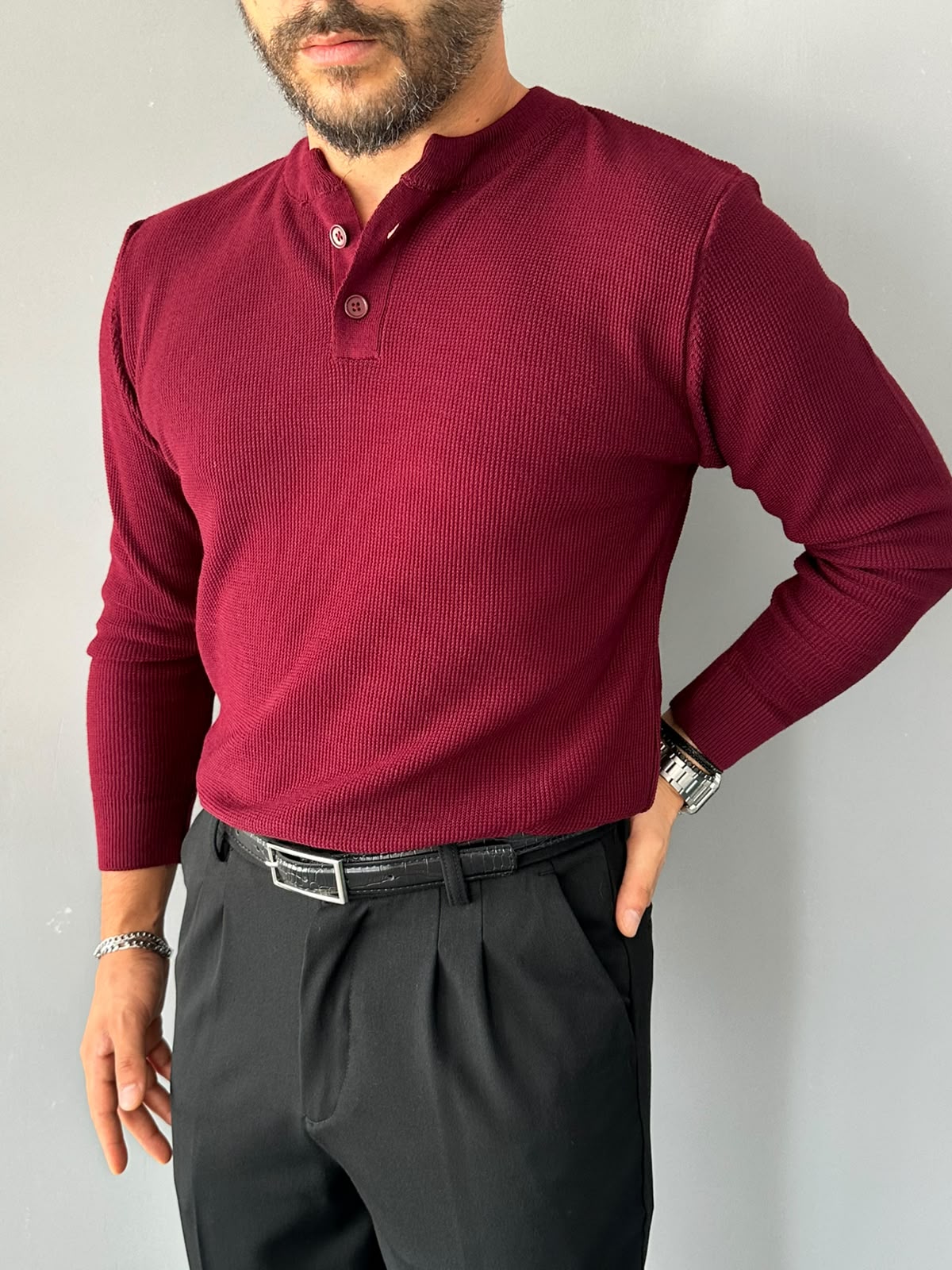 Henley Yaka Bordo Örme Regular Triko