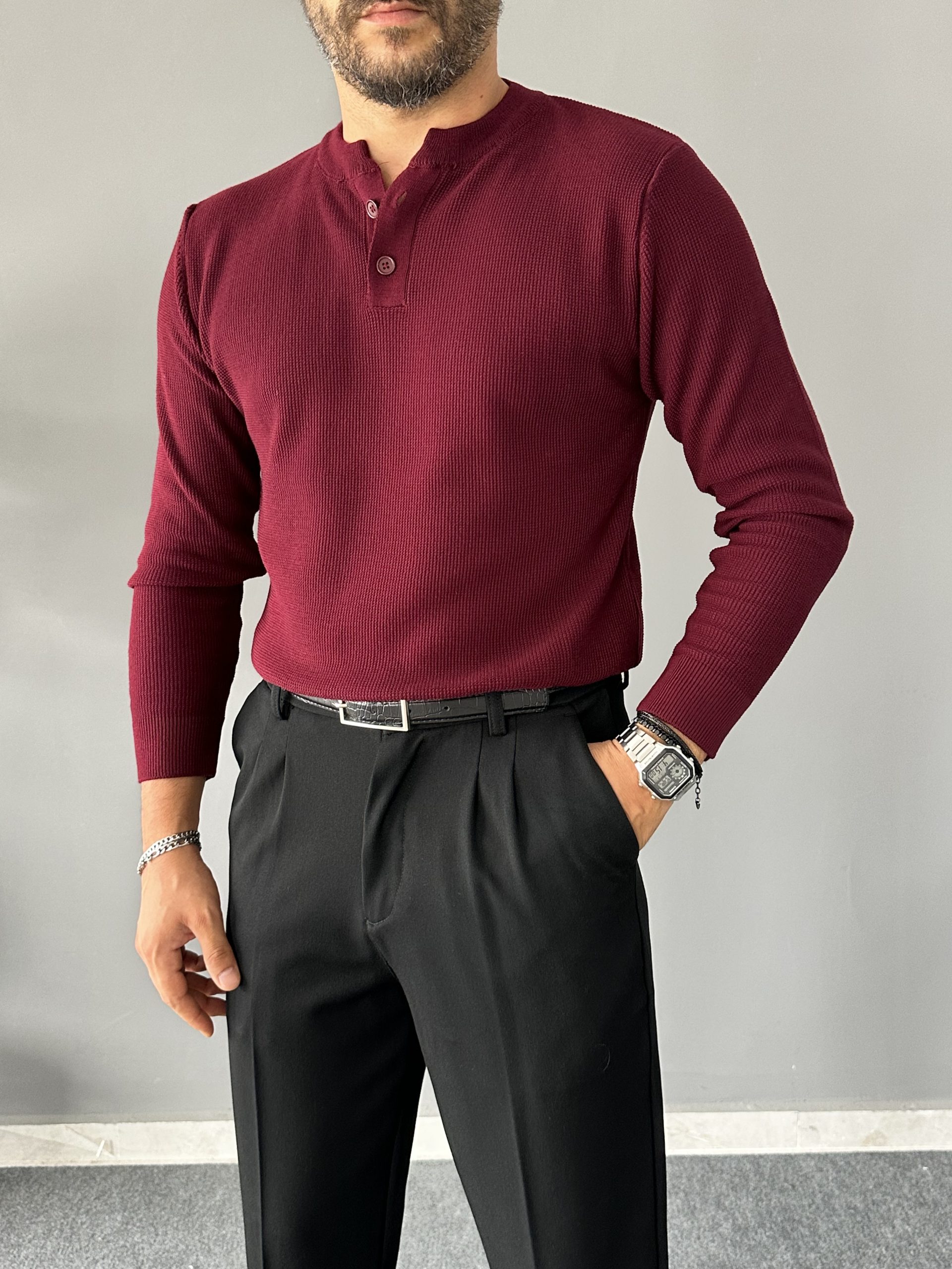 Henley Yaka Bordo Örme Regular Triko