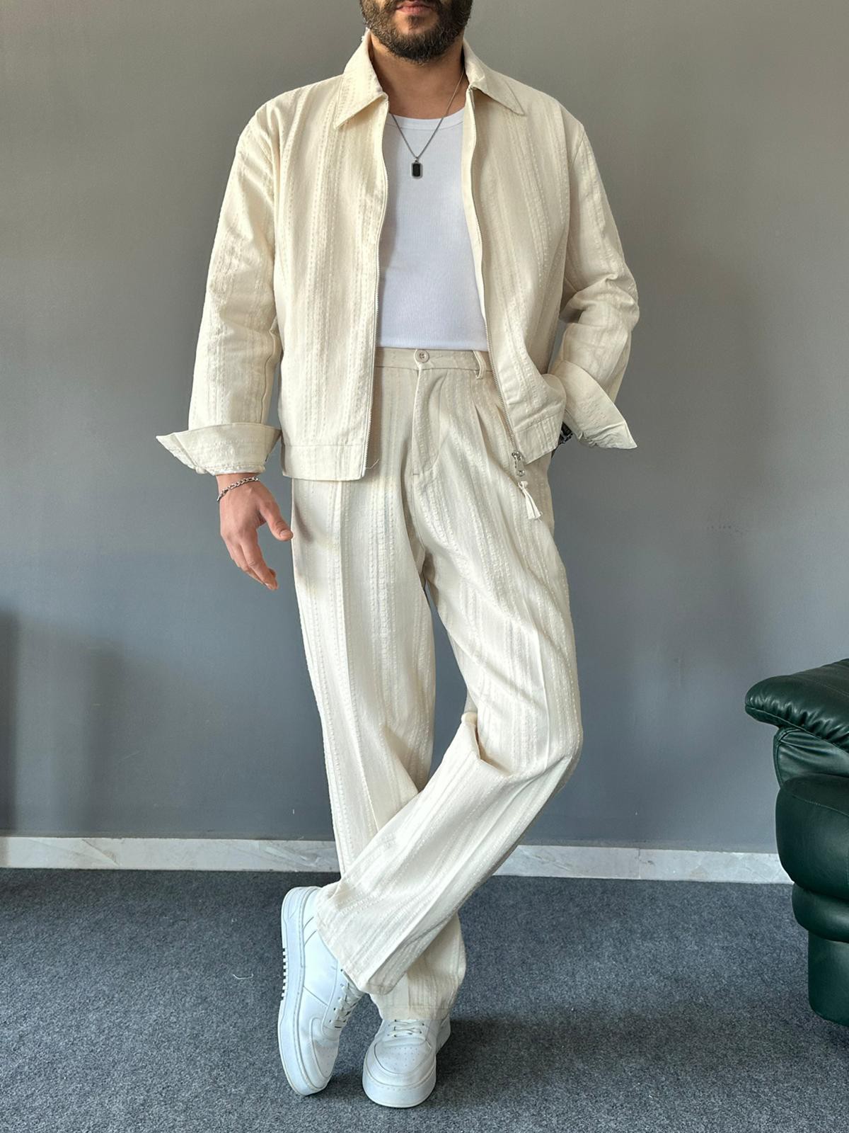Kendinden Desen Çizgili Krem Baggy Takım