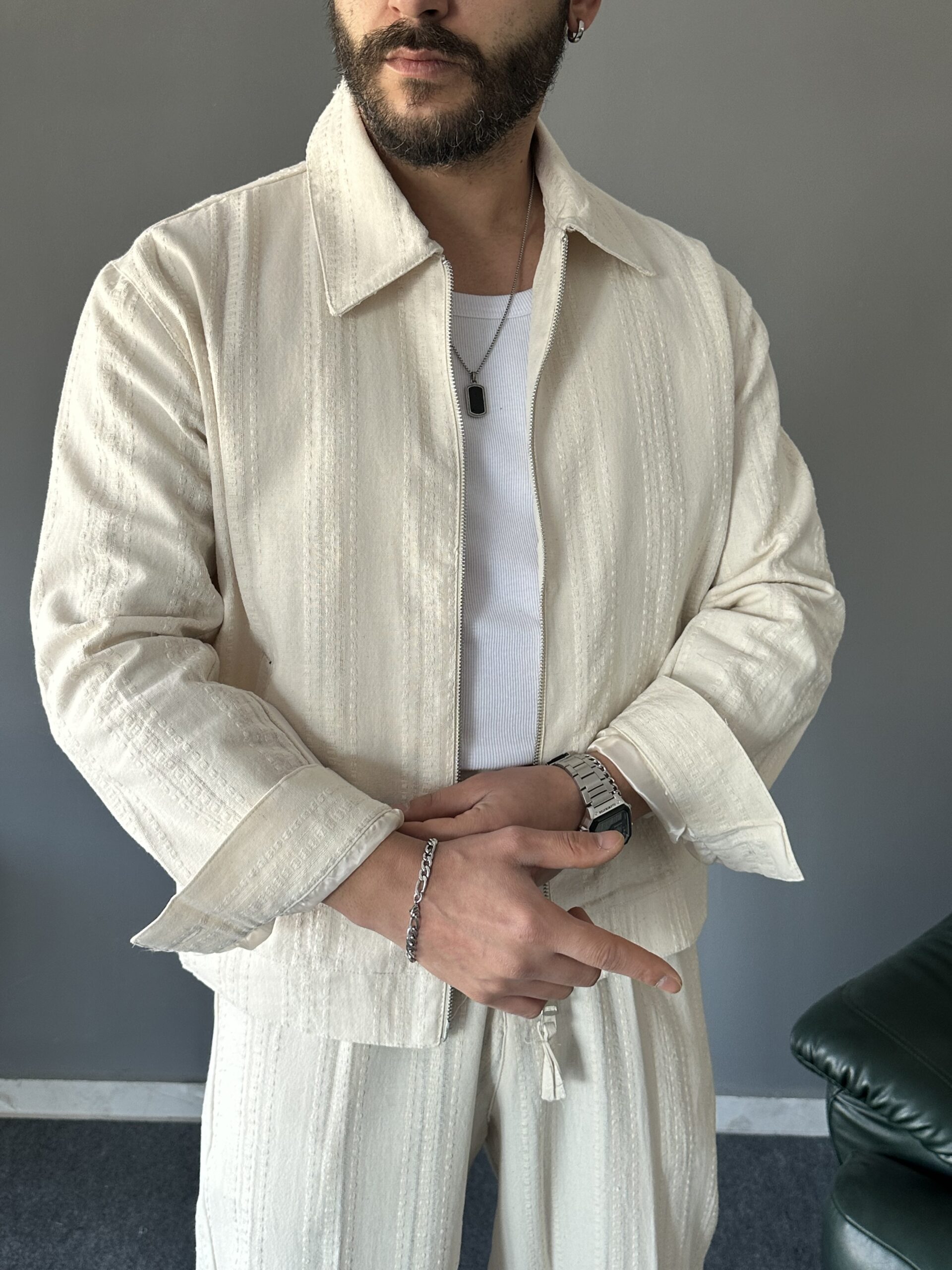 Kendinden Desen Çizgili Krem Baggy Takım