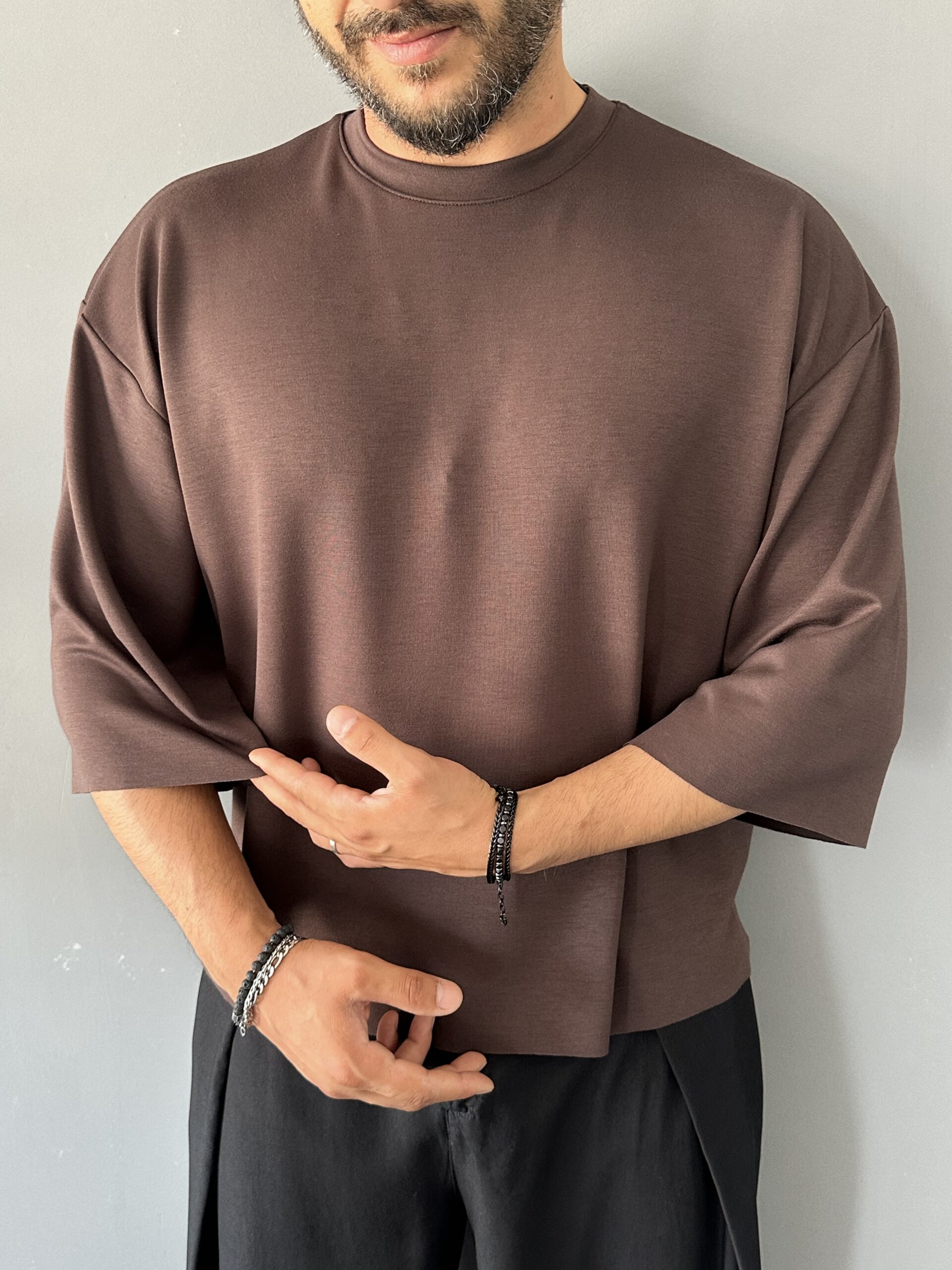 Oyşo Kumaş Fakir Kol Oversize Kahve T-Shirt
