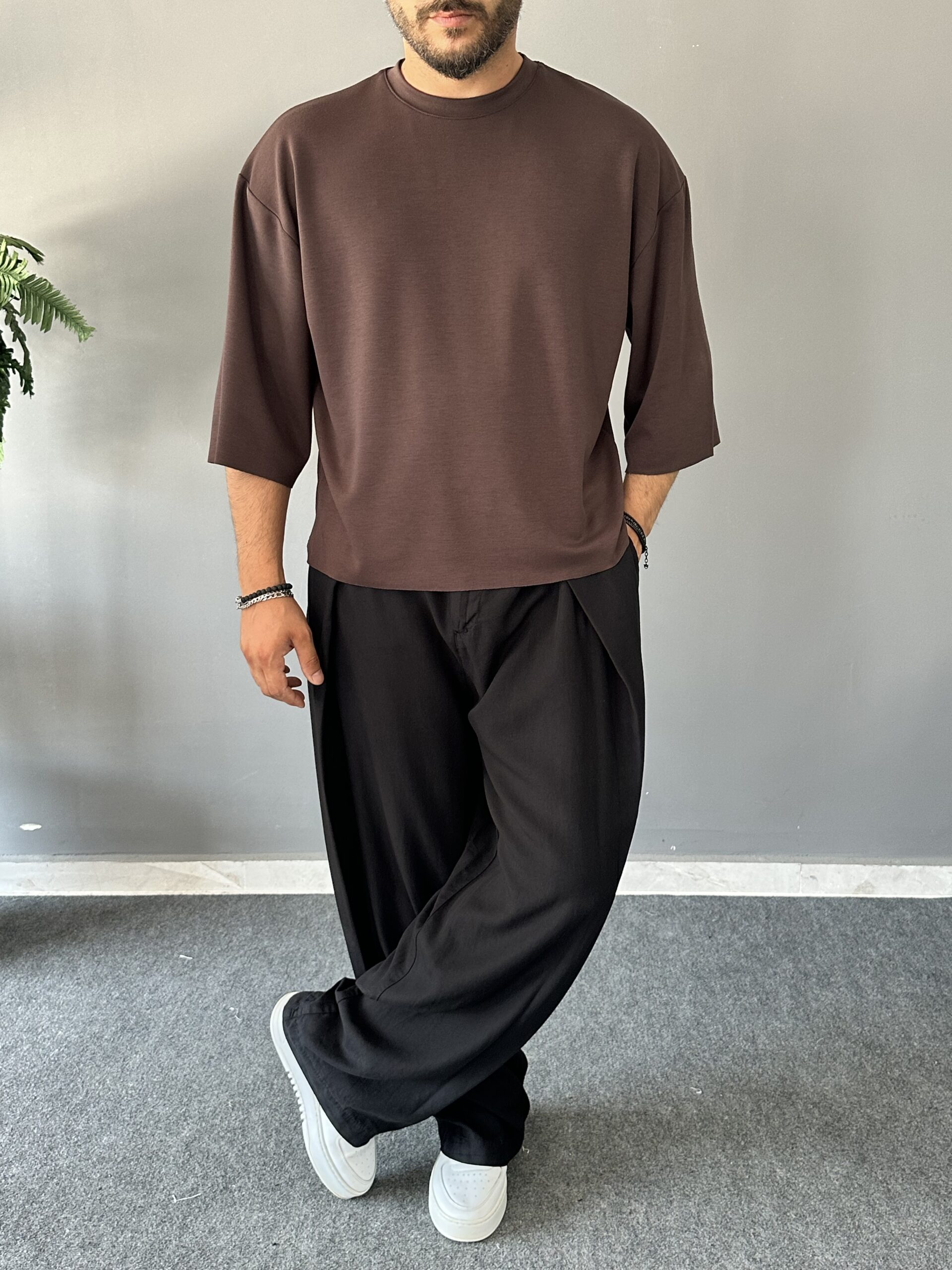 Oyşo Kumaş Fakir Kol Oversize Kahve T-Shirt